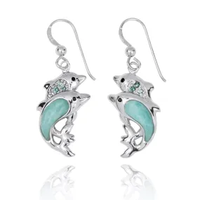 Sterling Silver Dolphin Drop Earrings with Larimar and Swiss Blue Topaz