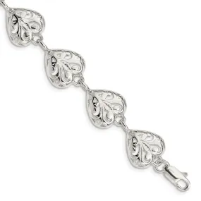 Sterling Silver Fancy Filigree Heart 7 inch Bracelet