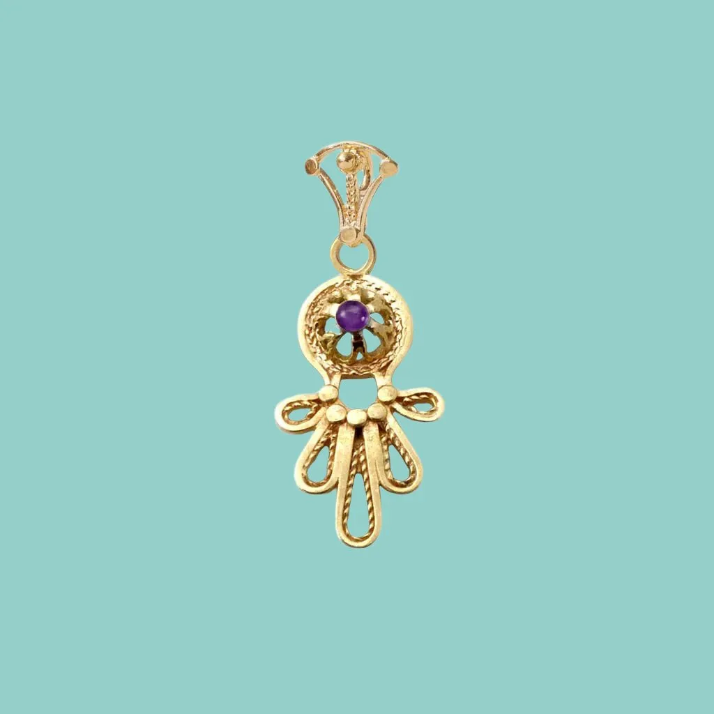 Sterling Silver Gold Plated Necklace. Israeli Hamsa jewelry designer filigree set opal /cornelian/ garnet / amethyst / lapis