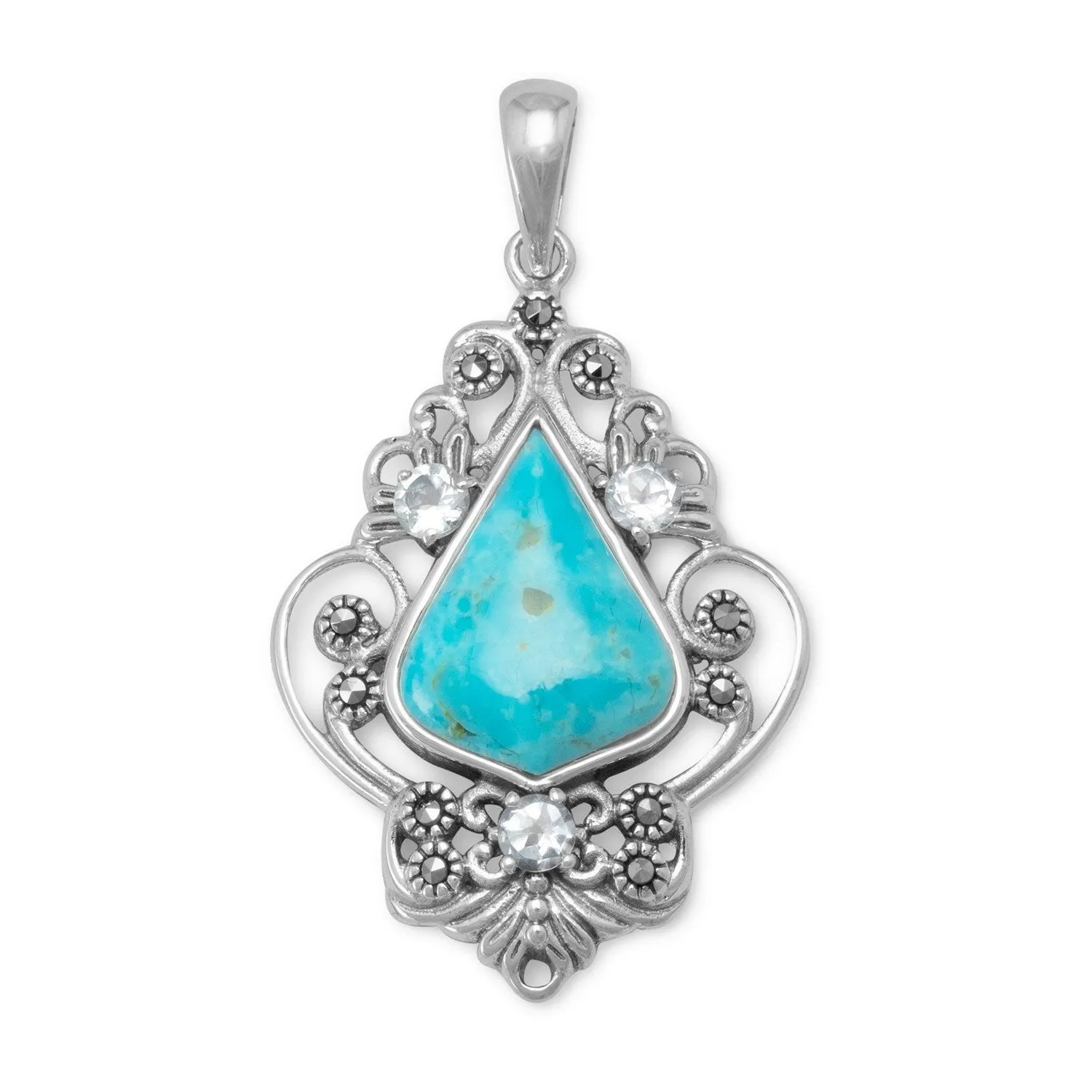 Sterling Silver Reconstituted Turquoise, Blue Topaz and Marcasite Pendant