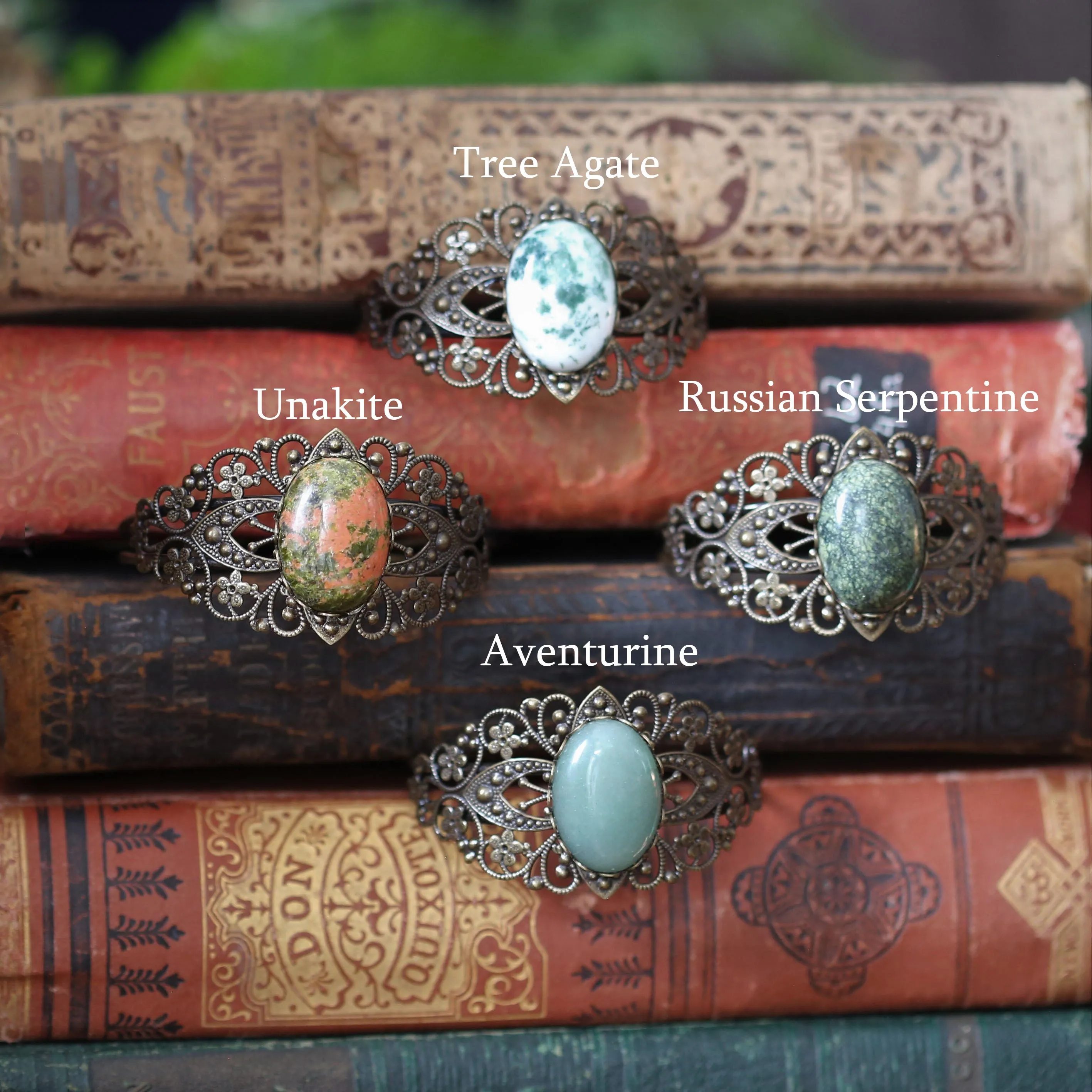 Stone Cuff Bracelet - Tree Agate, Russian Serpentine, Aventurine, Unakite