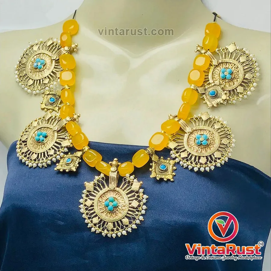 Stunning Yellow Stones Beaded Vintage Necklace