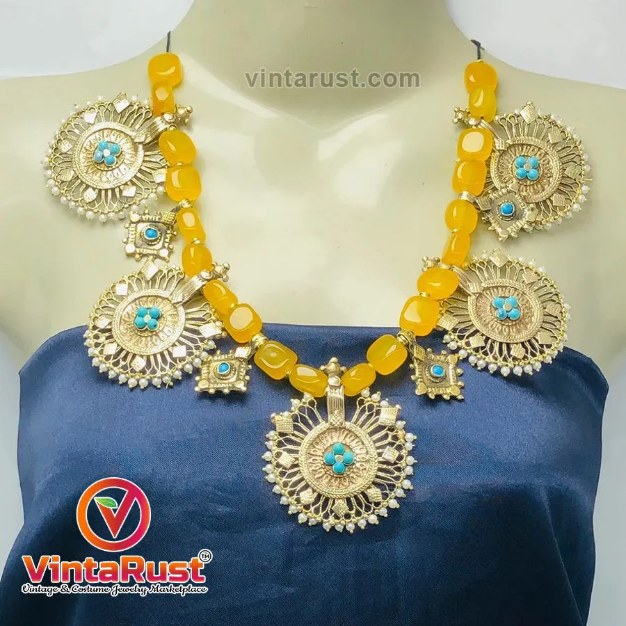 Stunning Yellow Stones Beaded Vintage Necklace