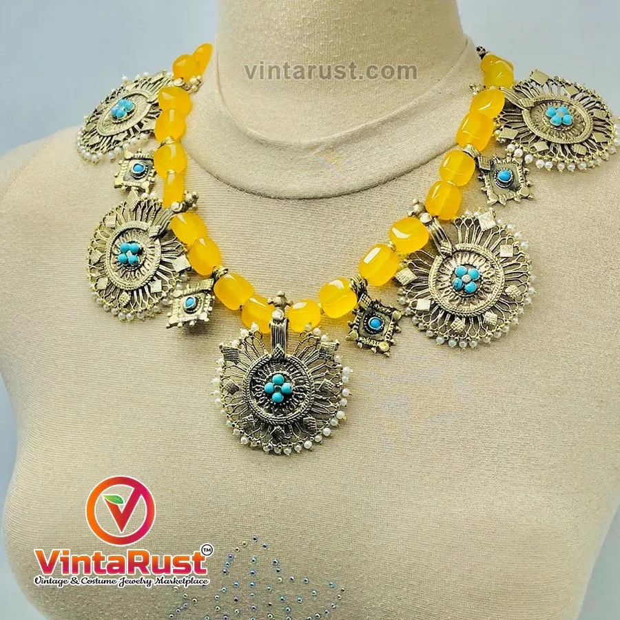 Stunning Yellow Stones Beaded Vintage Necklace