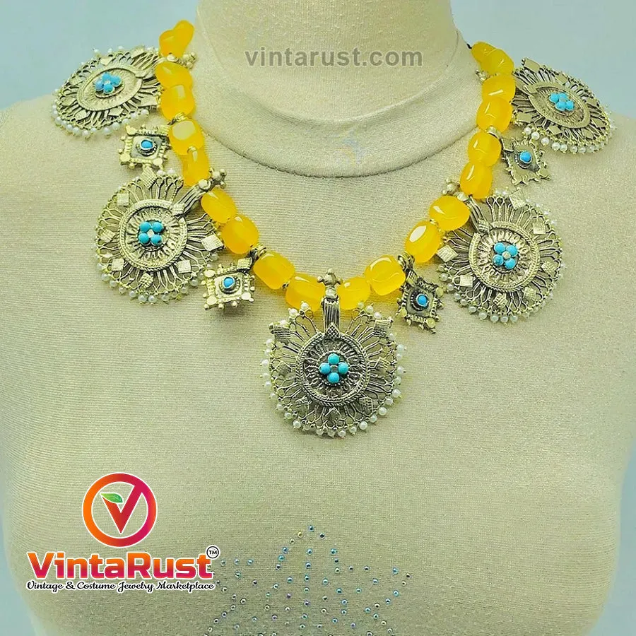 Stunning Yellow Stones Beaded Vintage Necklace