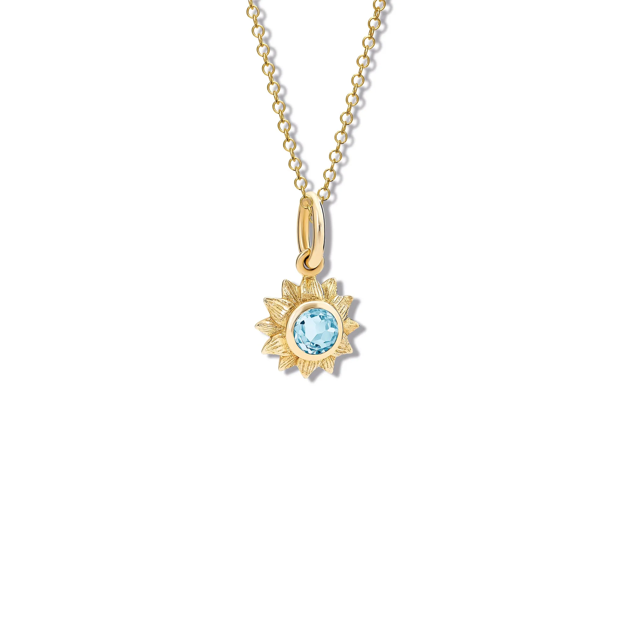 Sunflower Necklace Pendant Yellow Gold - Blue Topaz