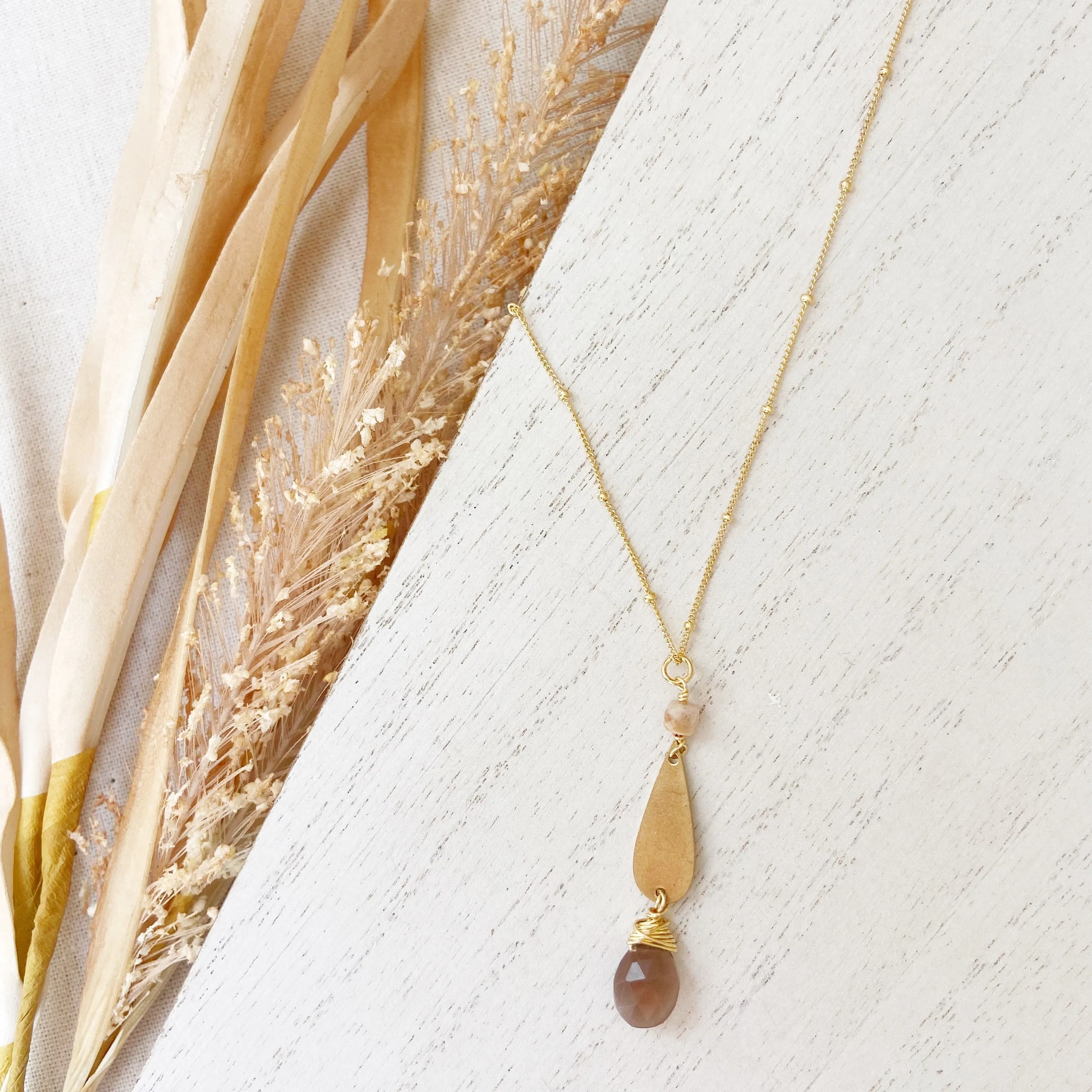 Teardrop Luxe Gold Long Charm Necklace in Chocolate Moonstone or Kyanite