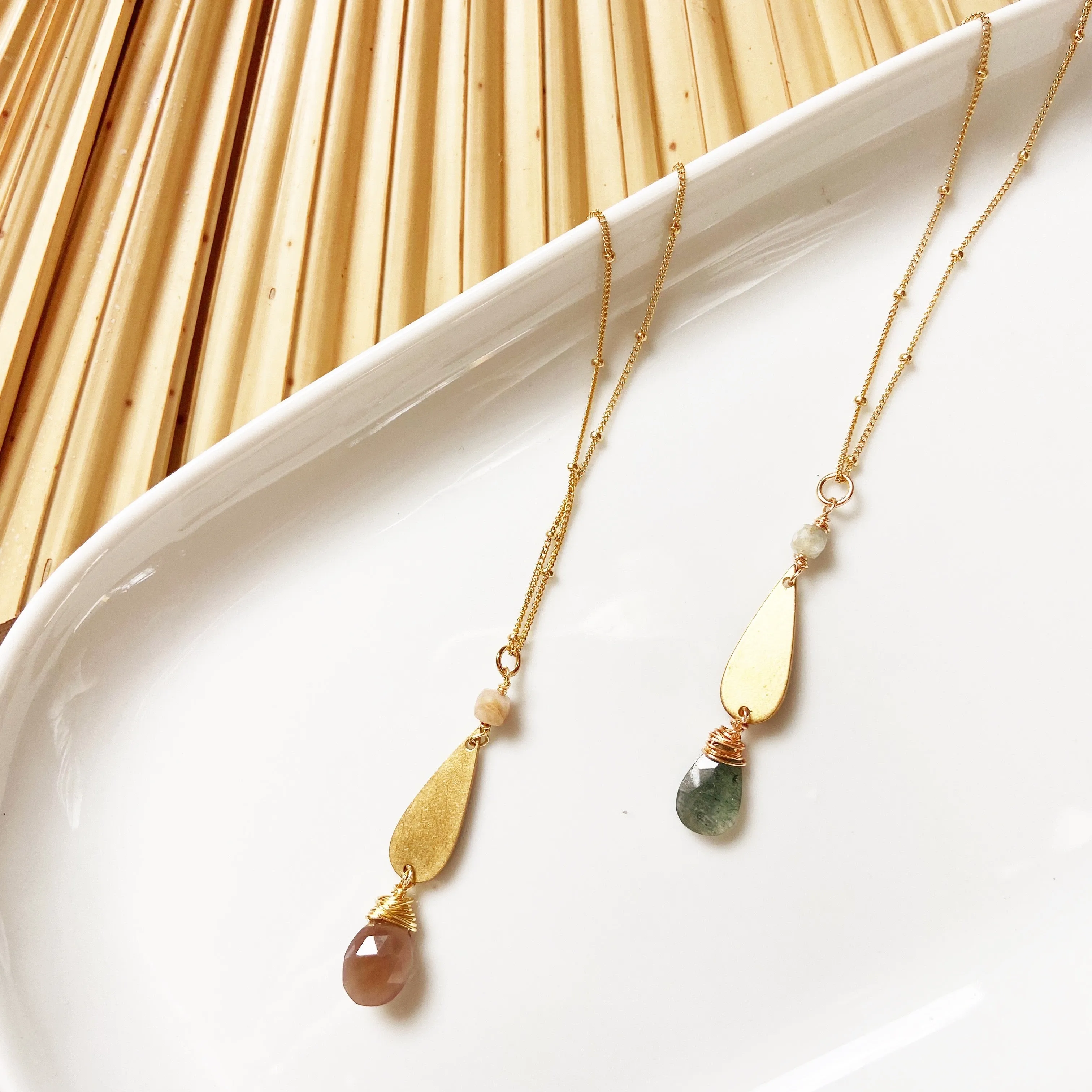 Teardrop Luxe Gold Long Charm Necklace in Chocolate Moonstone or Kyanite