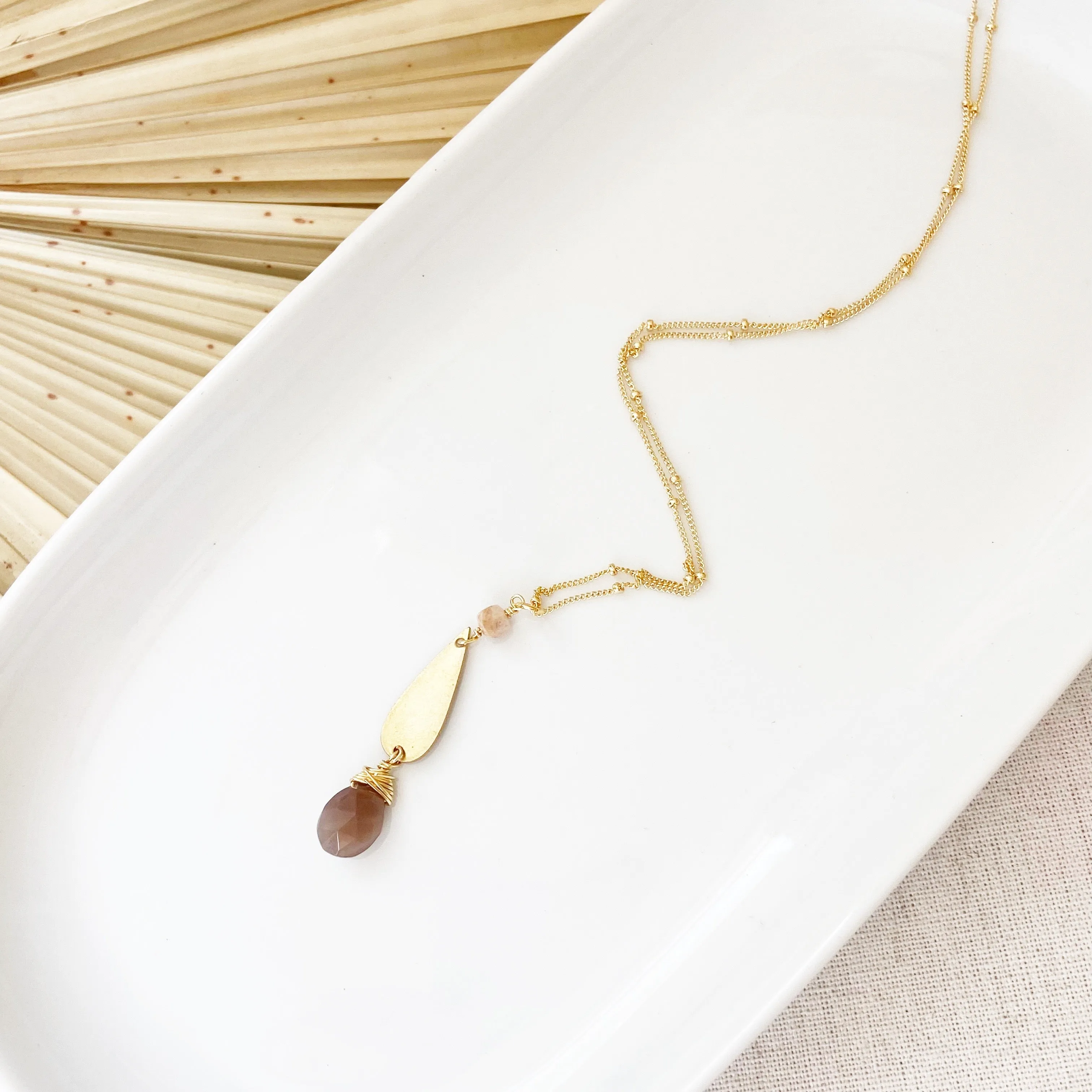 Teardrop Luxe Gold Long Charm Necklace in Chocolate Moonstone or Kyanite