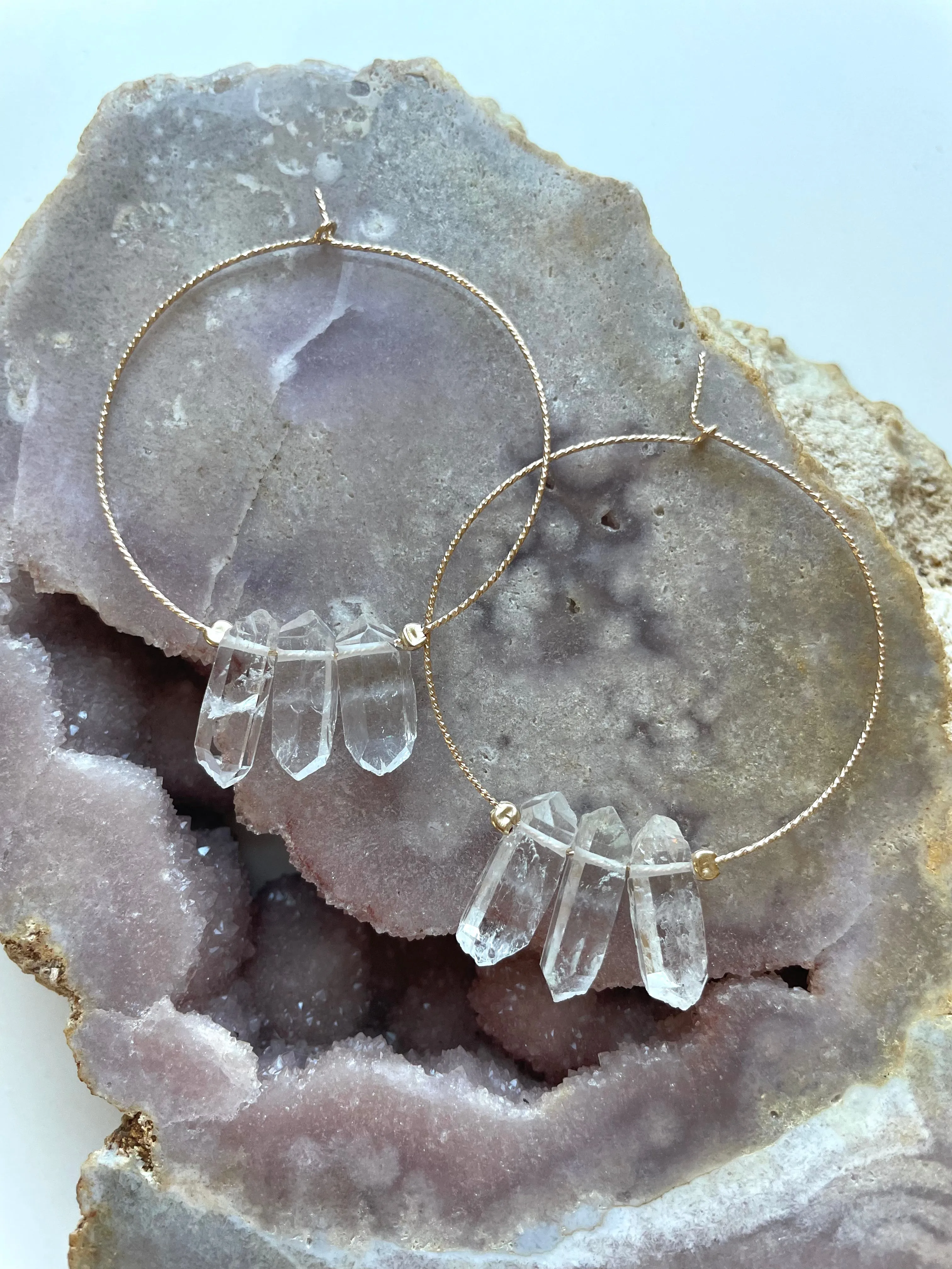 Thin Clear Quartz Boho Hoops