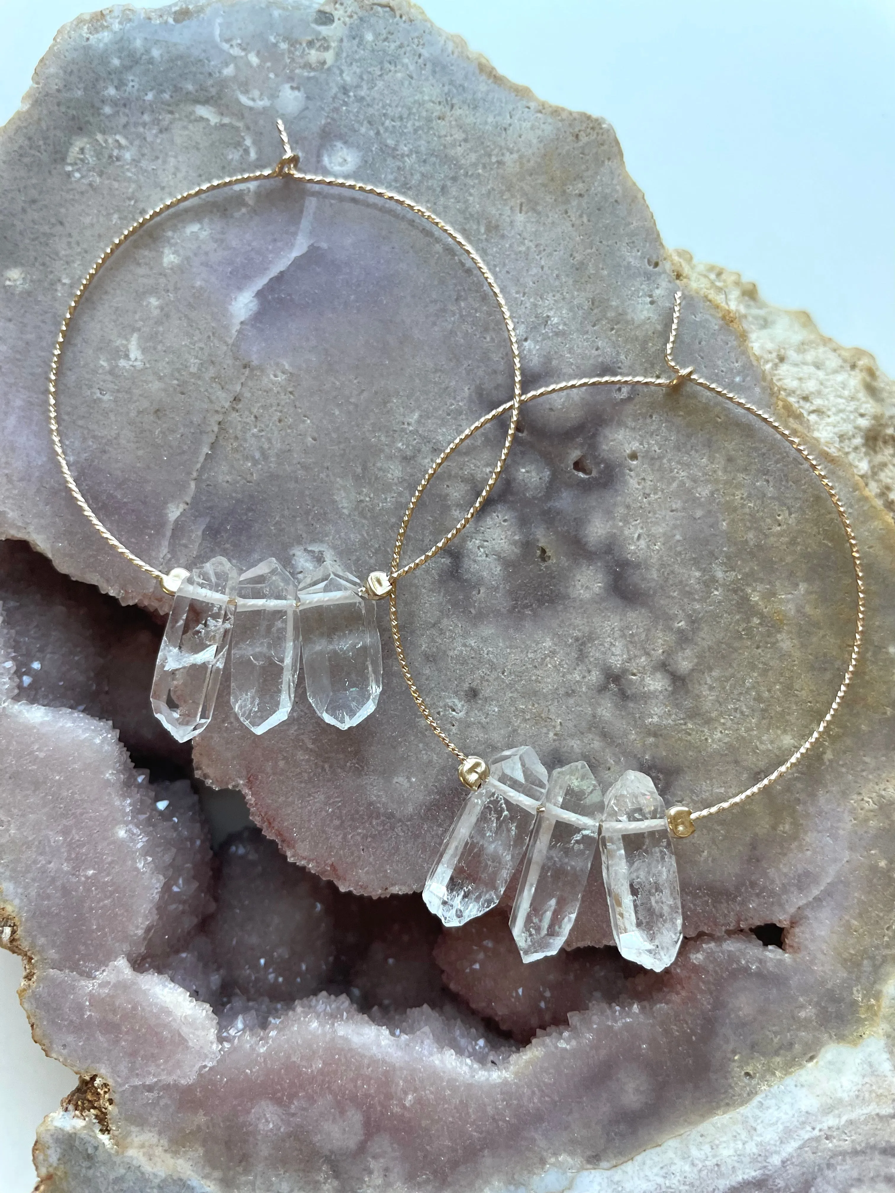 Thin Clear Quartz Boho Hoops