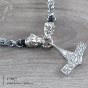 Thor's Hammer Necklace Silver Dragon Chain Mail Norse Viking Style