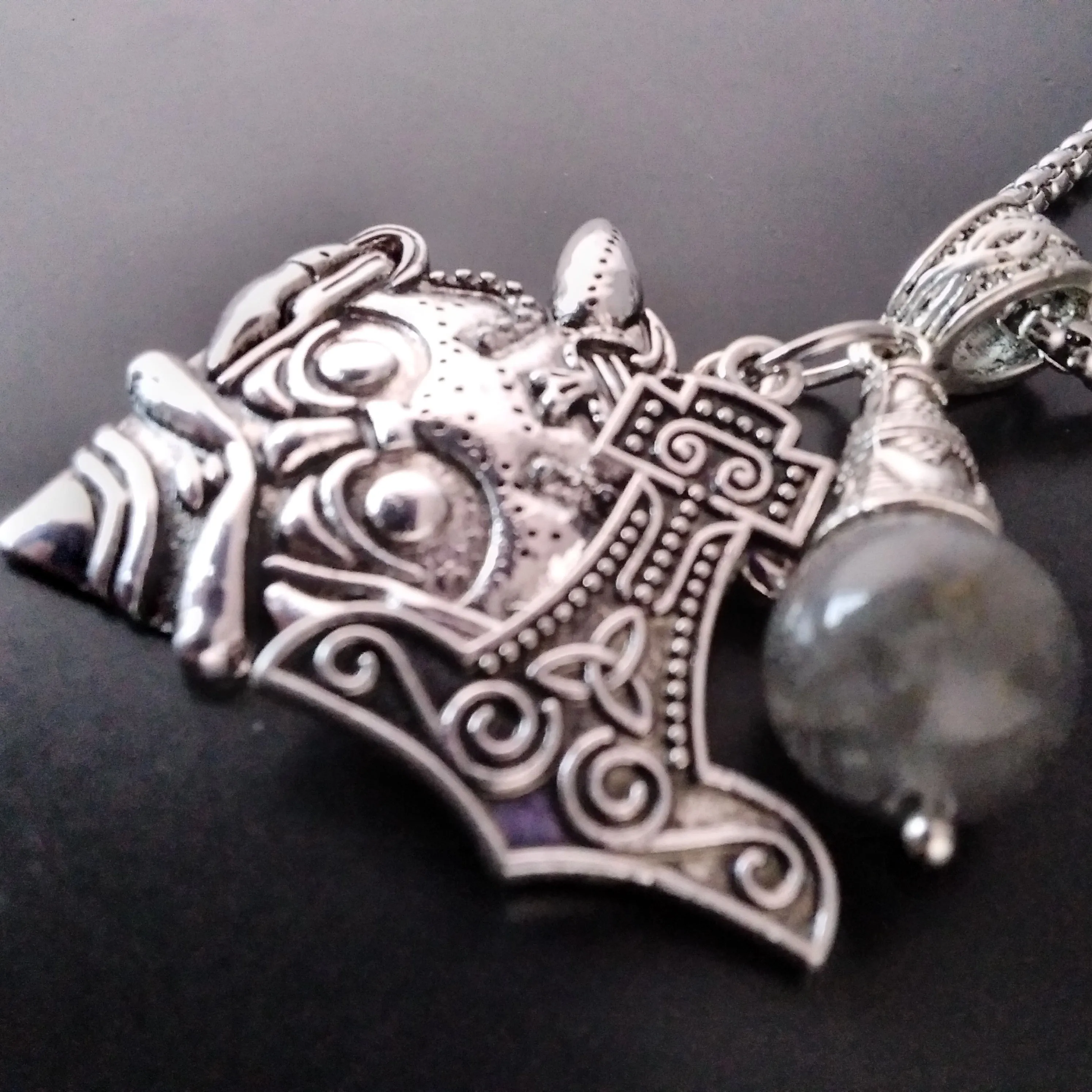 Thor's Hammer Silver Necklace Odin Gray Labradorite Viking Norse Nordic Style