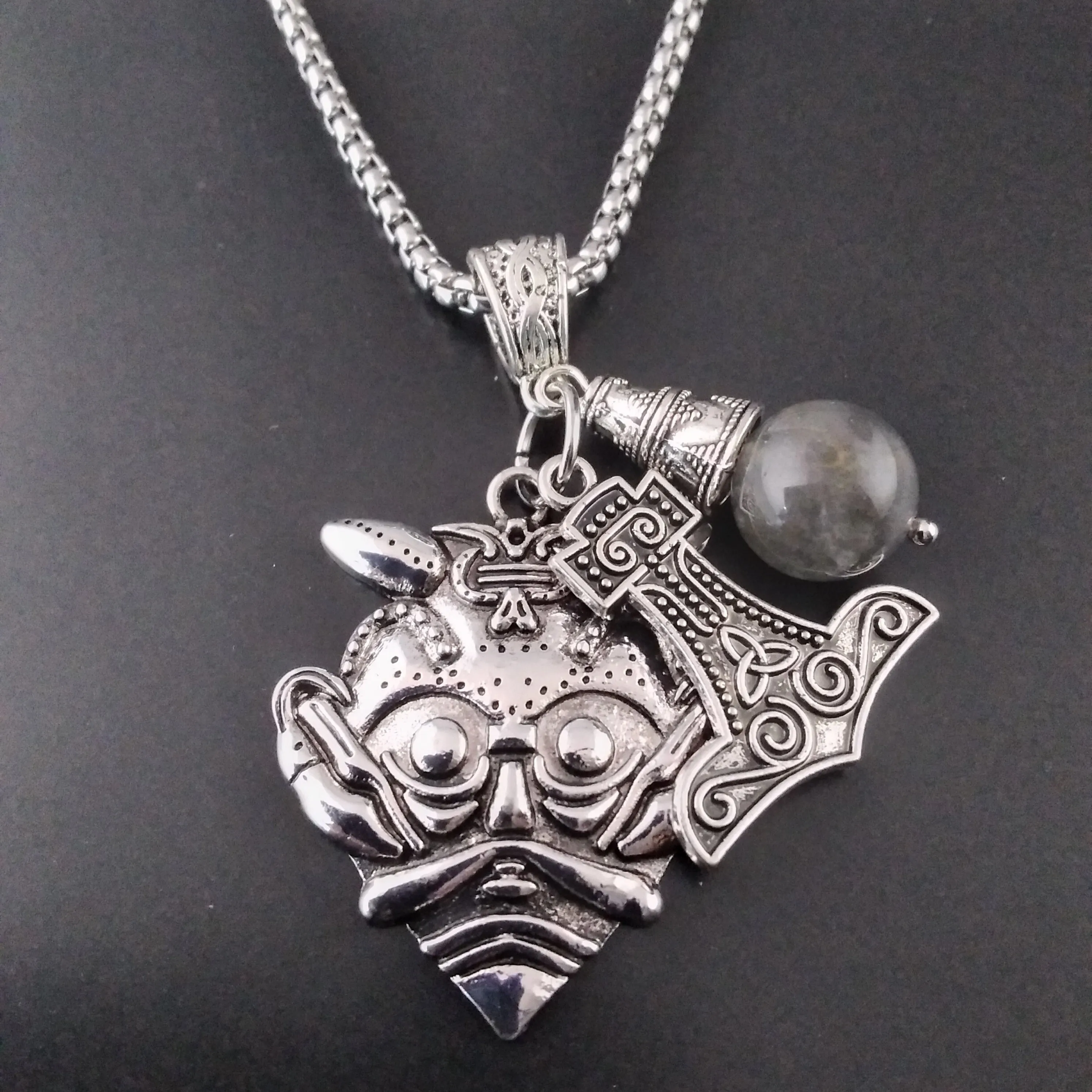 Thor's Hammer Silver Necklace Odin Gray Labradorite Viking Norse Nordic Style