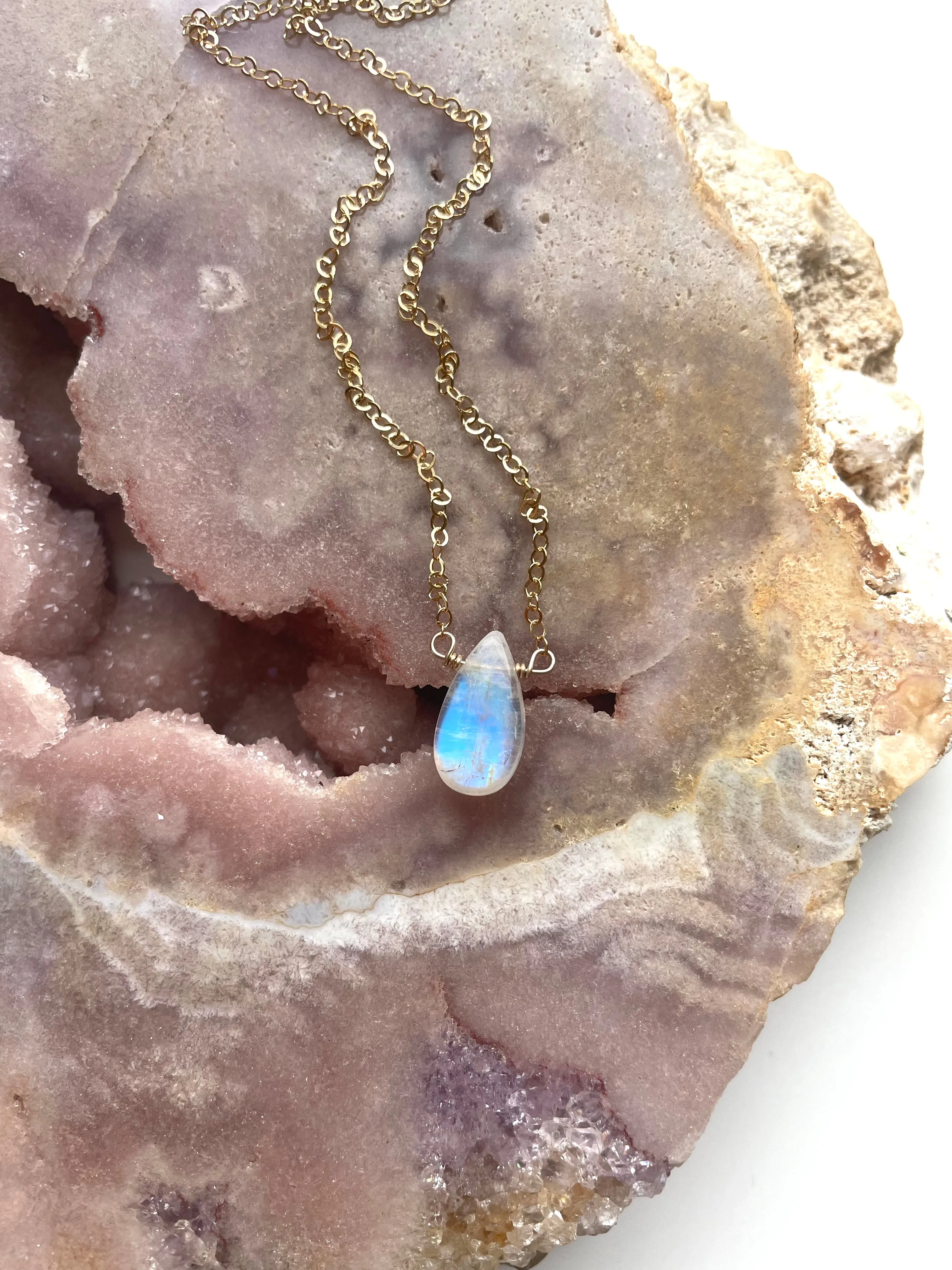 Tiny Rainbow Moonstone Pendant Necklace Sterling Silver or Gold Filled