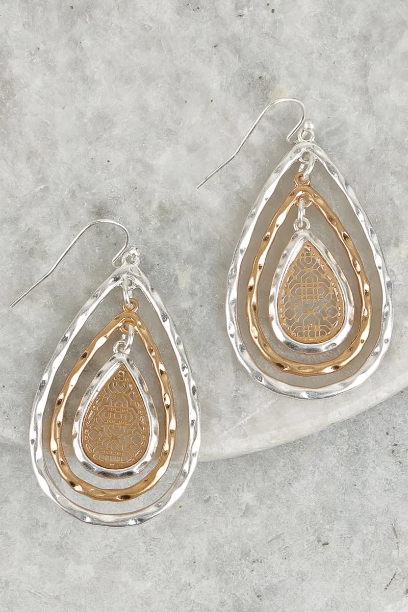 Two-tone three-layer drop filigree hook earrings