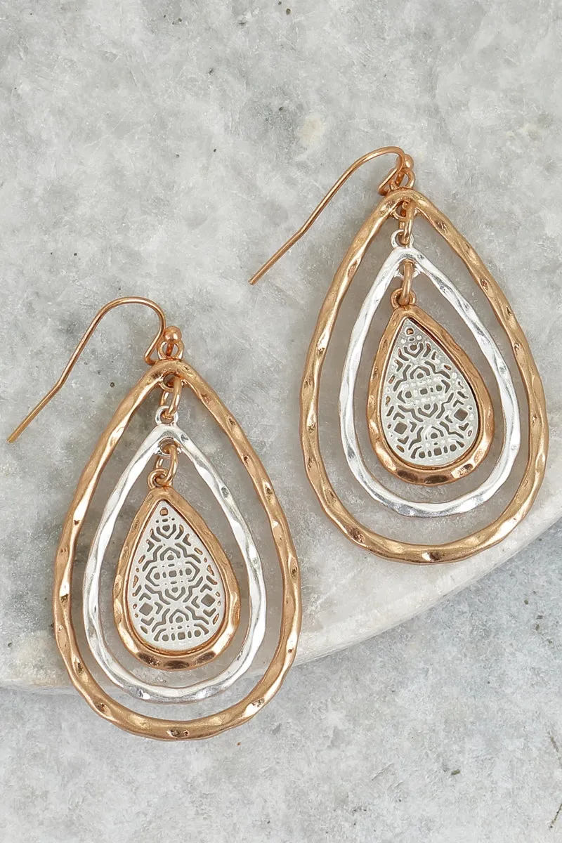 Two-tone three-layer drop filigree hook earrings