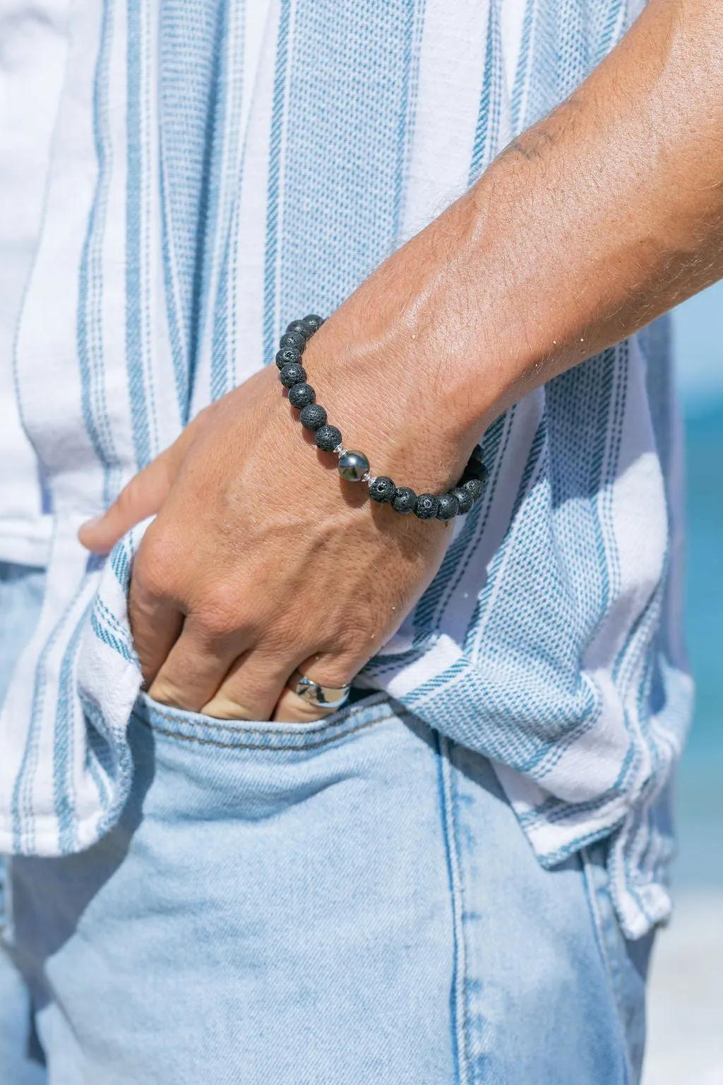 Unisex Men's Tahitian Pearl Lava Bracelet - Pauahi