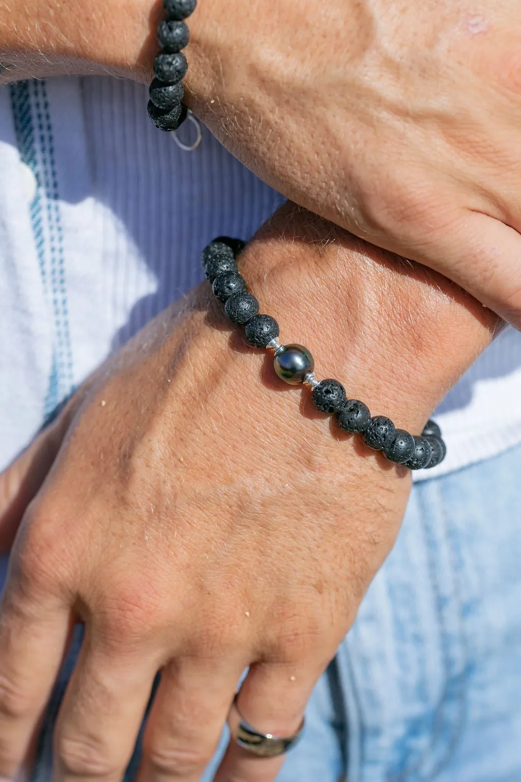 Unisex Men's Tahitian Pearl Lava Bracelet - Pauahi