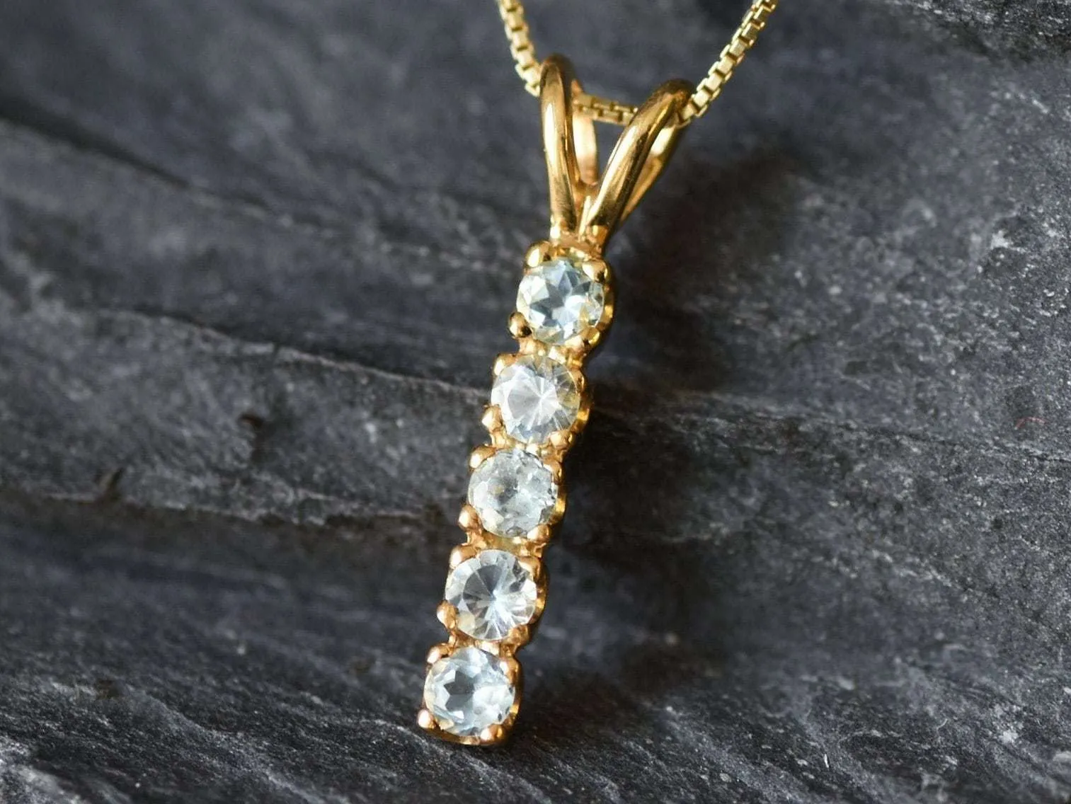 Vertical Topaz Pendant - Natural Blue Topaz Necklace, Gold Blue Topaz Pendant