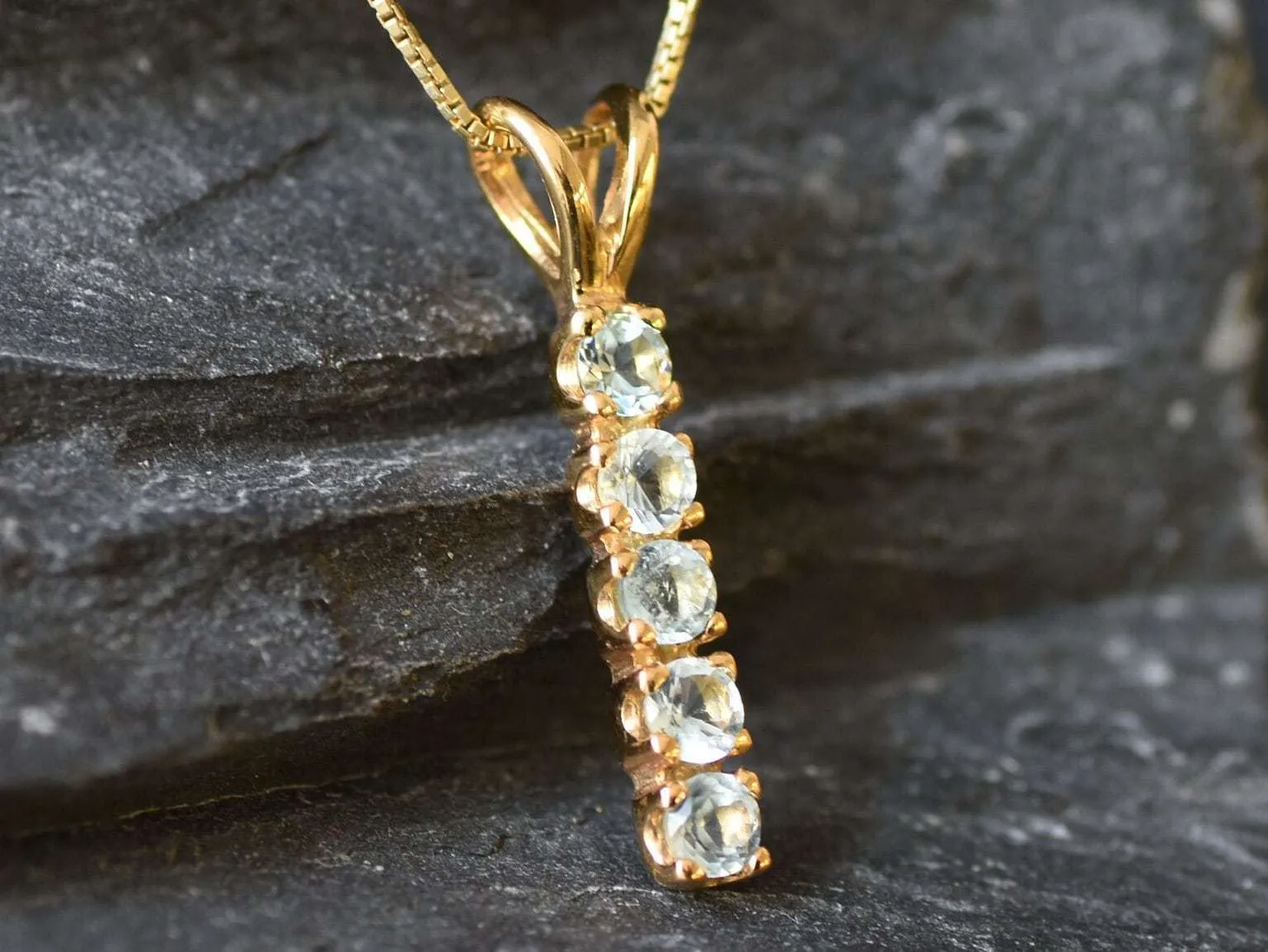 Vertical Topaz Pendant - Natural Blue Topaz Necklace, Gold Blue Topaz Pendant