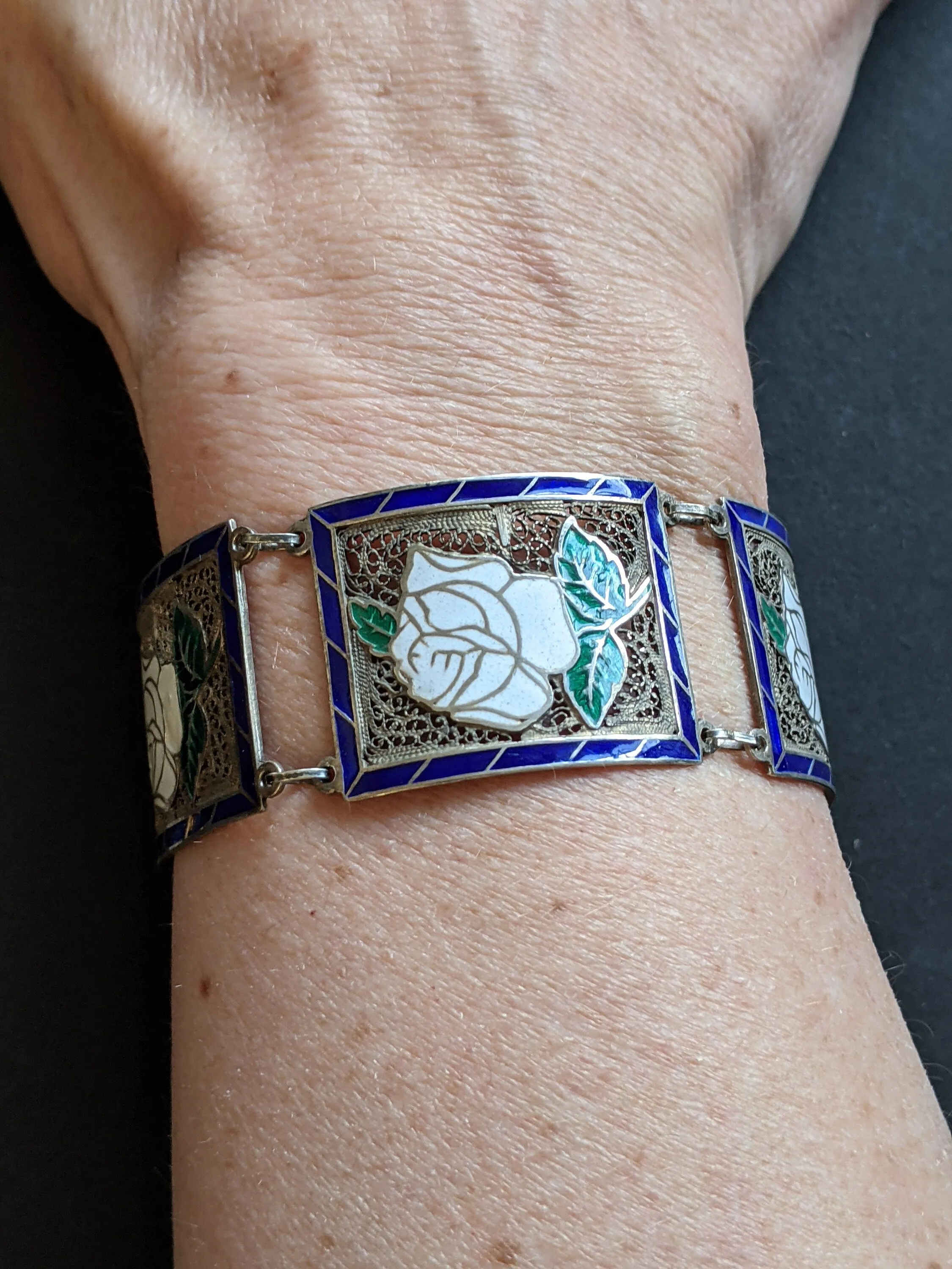 Vintage / antique fine sterling silver (tested) and white, green and blue enamel bracelet - floral rose panels, filigree silver