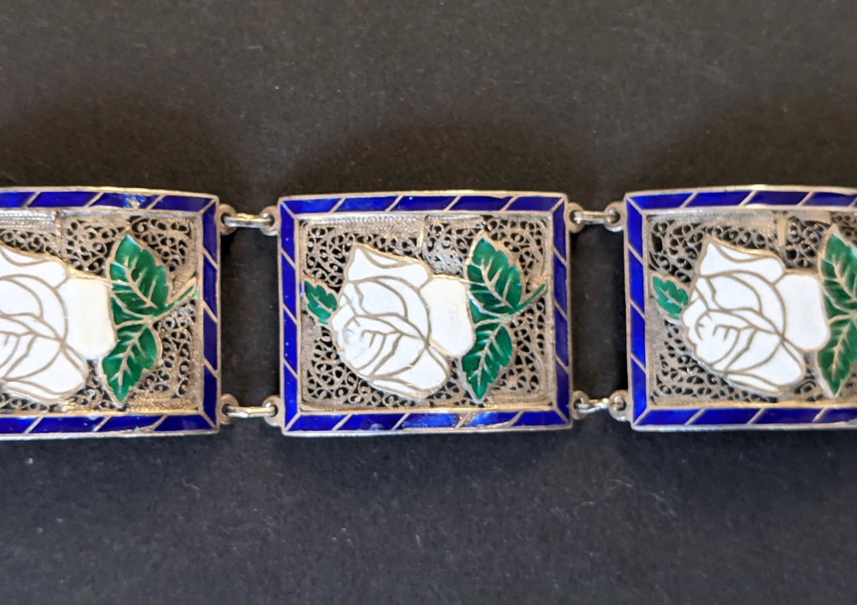 Vintage / antique fine sterling silver (tested) and white, green and blue enamel bracelet - floral rose panels, filigree silver