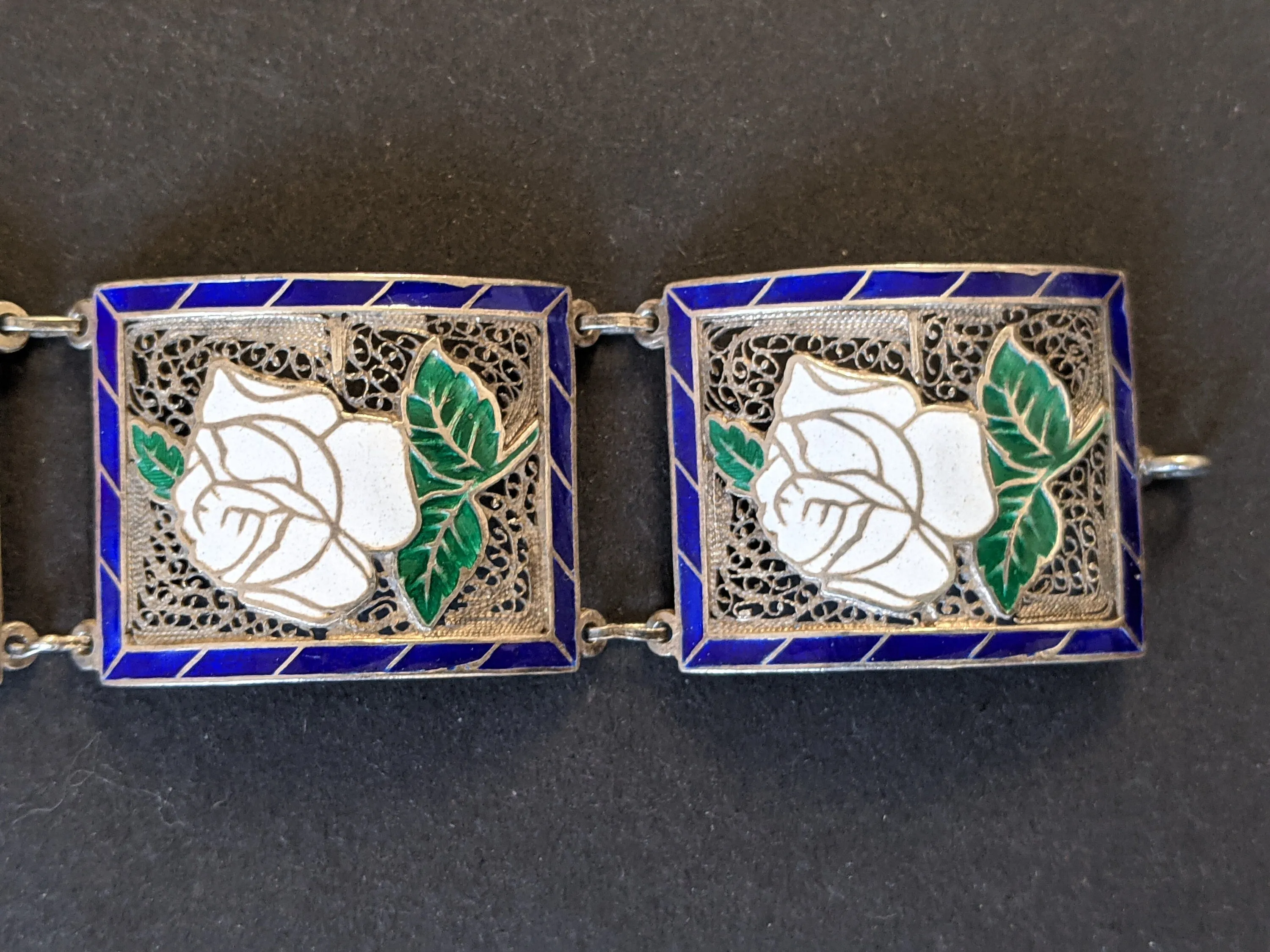 Vintage / antique fine sterling silver (tested) and white, green and blue enamel bracelet - floral rose panels, filigree silver