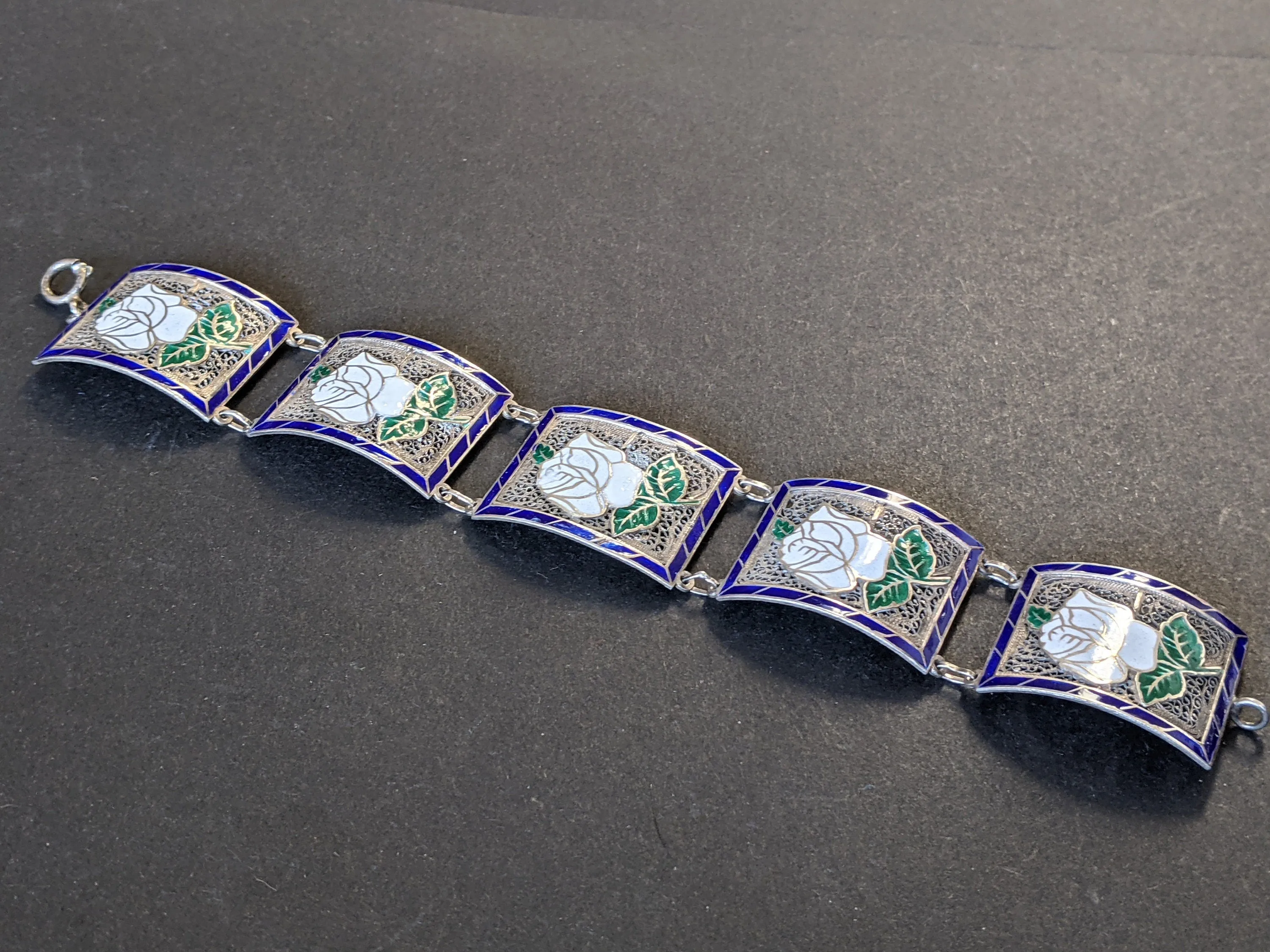 Vintage / antique fine sterling silver (tested) and white, green and blue enamel bracelet - floral rose panels, filigree silver