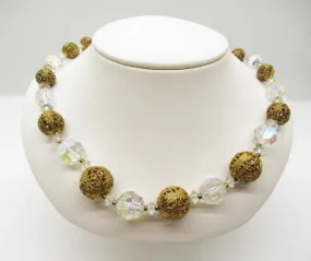 Vintage Choker with Gold Filigree and Aurora Borealis Beads