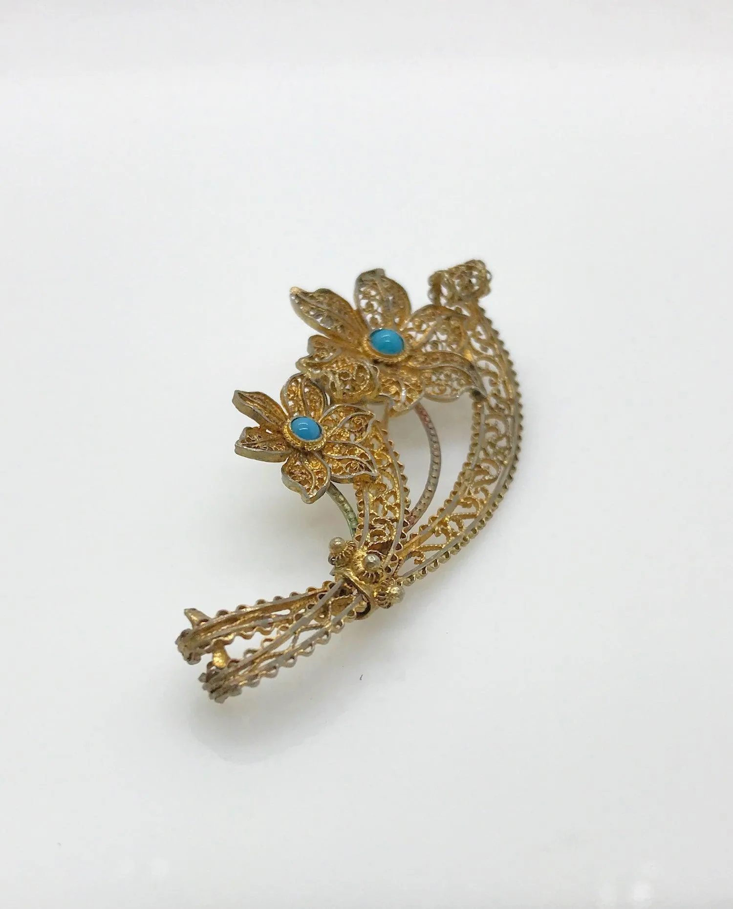 Vintage European Gilt Filigree, Silver and Turquoise Bouquet Brooch