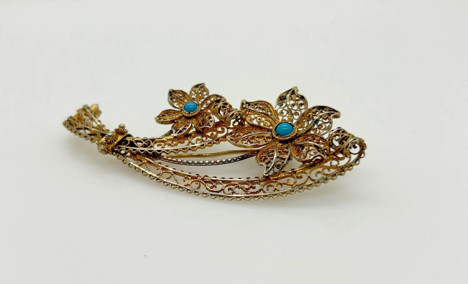 Vintage European Gilt Filigree, Silver and Turquoise Bouquet Brooch