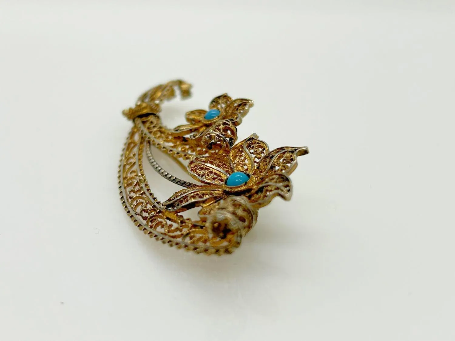 Vintage European Gilt Filigree, Silver and Turquoise Bouquet Brooch