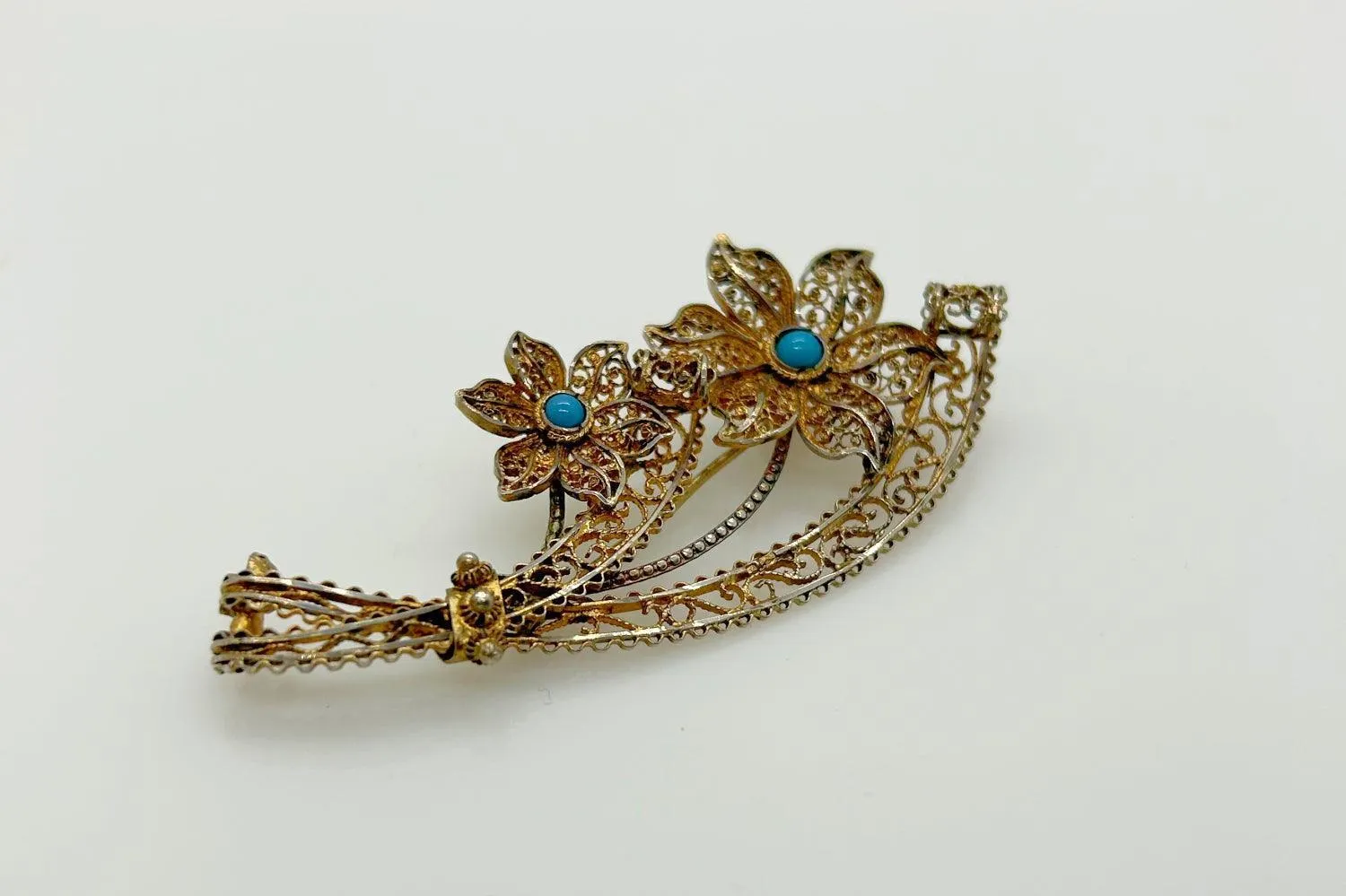 Vintage European Gilt Filigree, Silver and Turquoise Bouquet Brooch