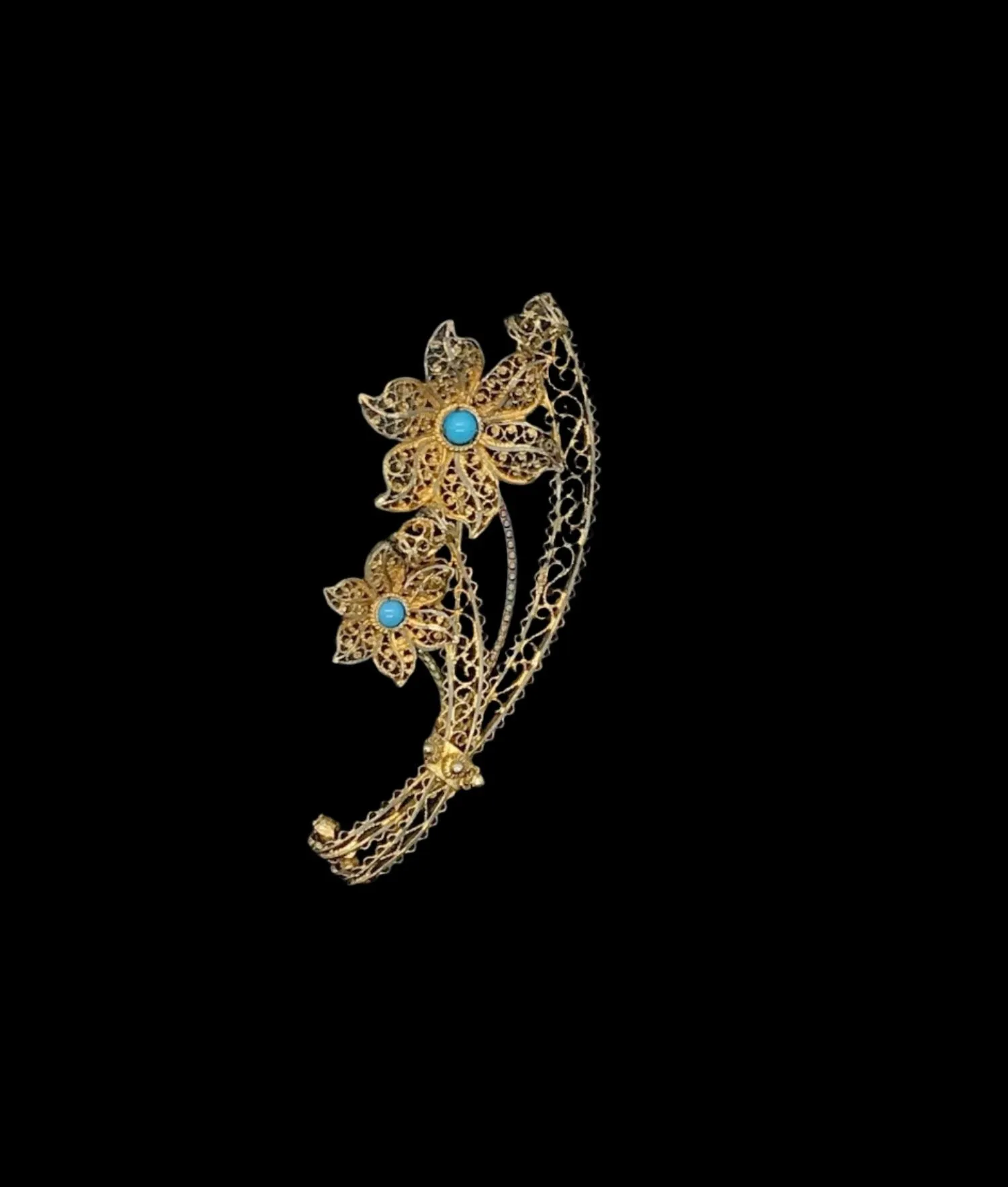 Vintage European Gilt Filigree, Silver and Turquoise Bouquet Brooch