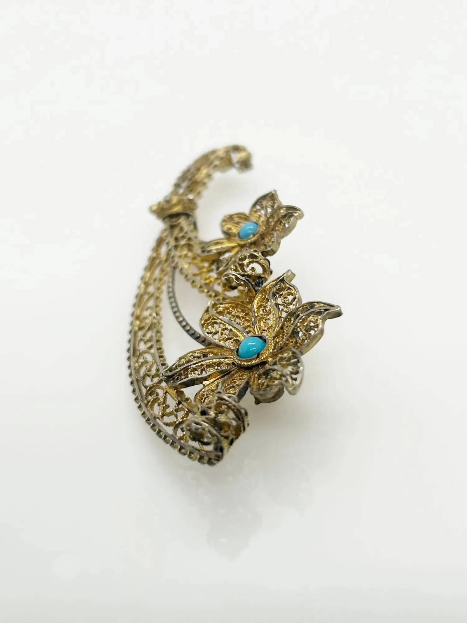 Vintage European Gilt Filigree, Silver and Turquoise Bouquet Brooch