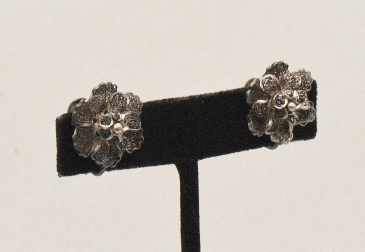 Vintage Filigree Silver Flower Screw Back Earrings