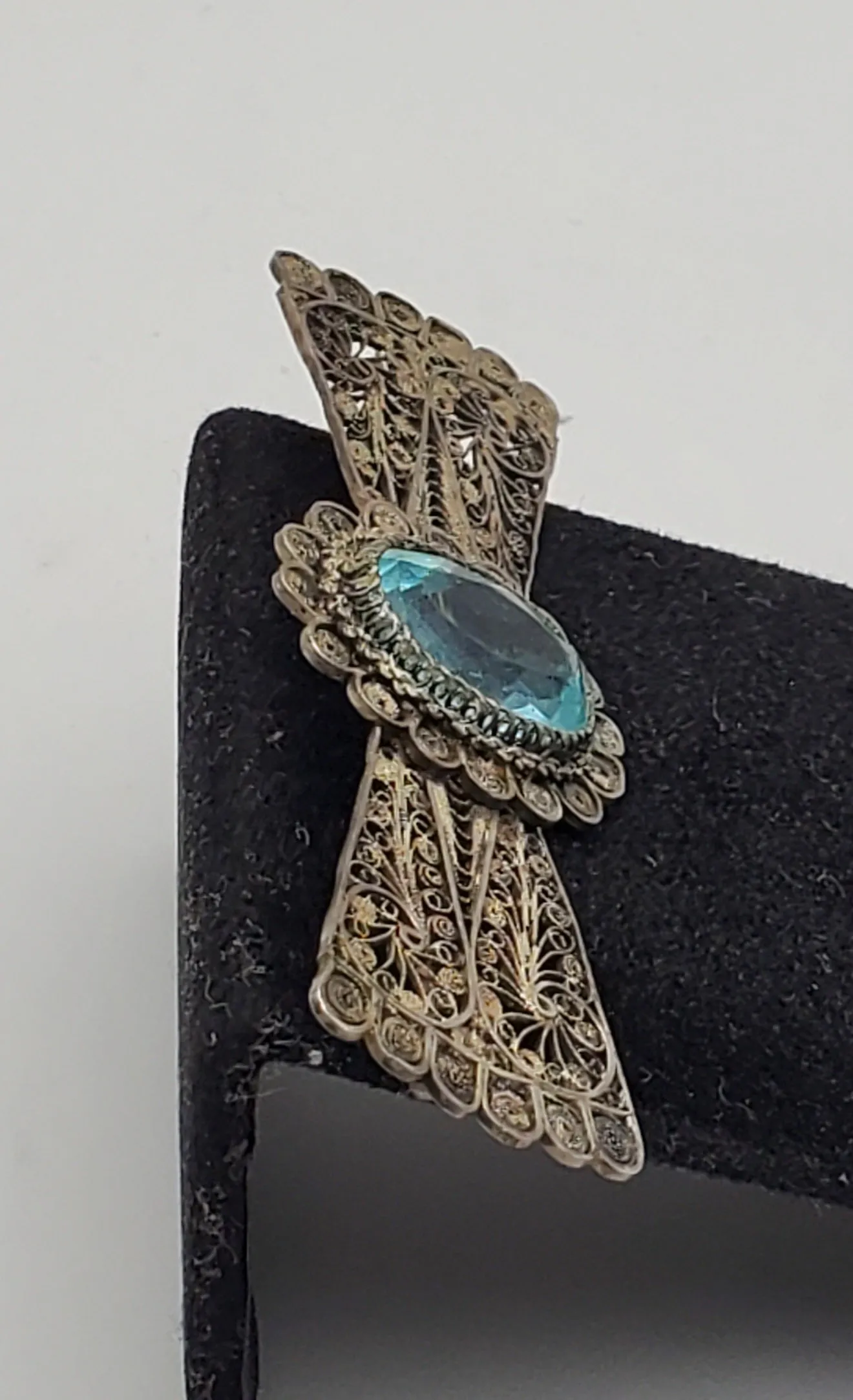 Vintage Handmade Filigree Imitation Aquamarine Brooch