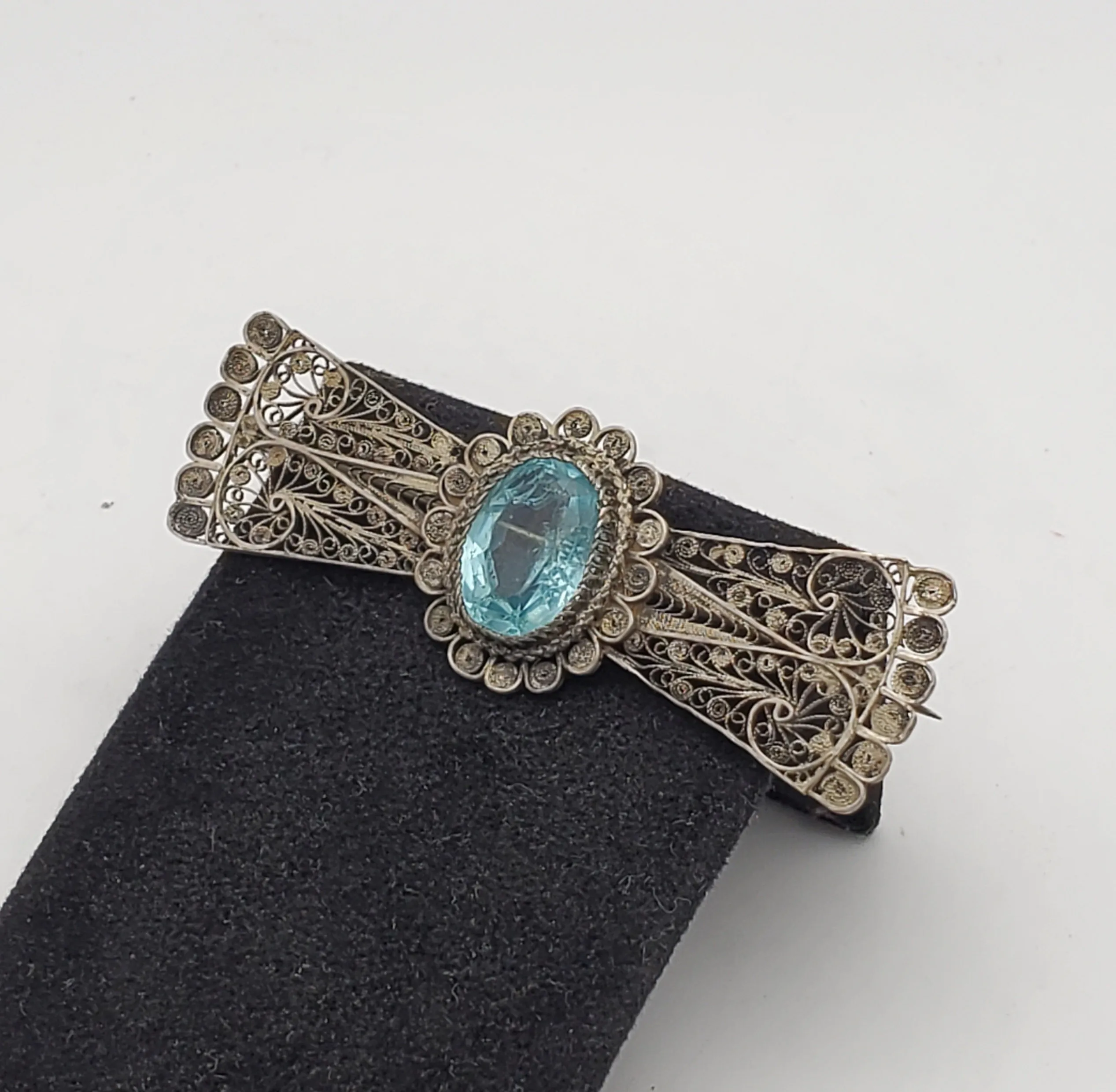 Vintage Handmade Filigree Imitation Aquamarine Brooch