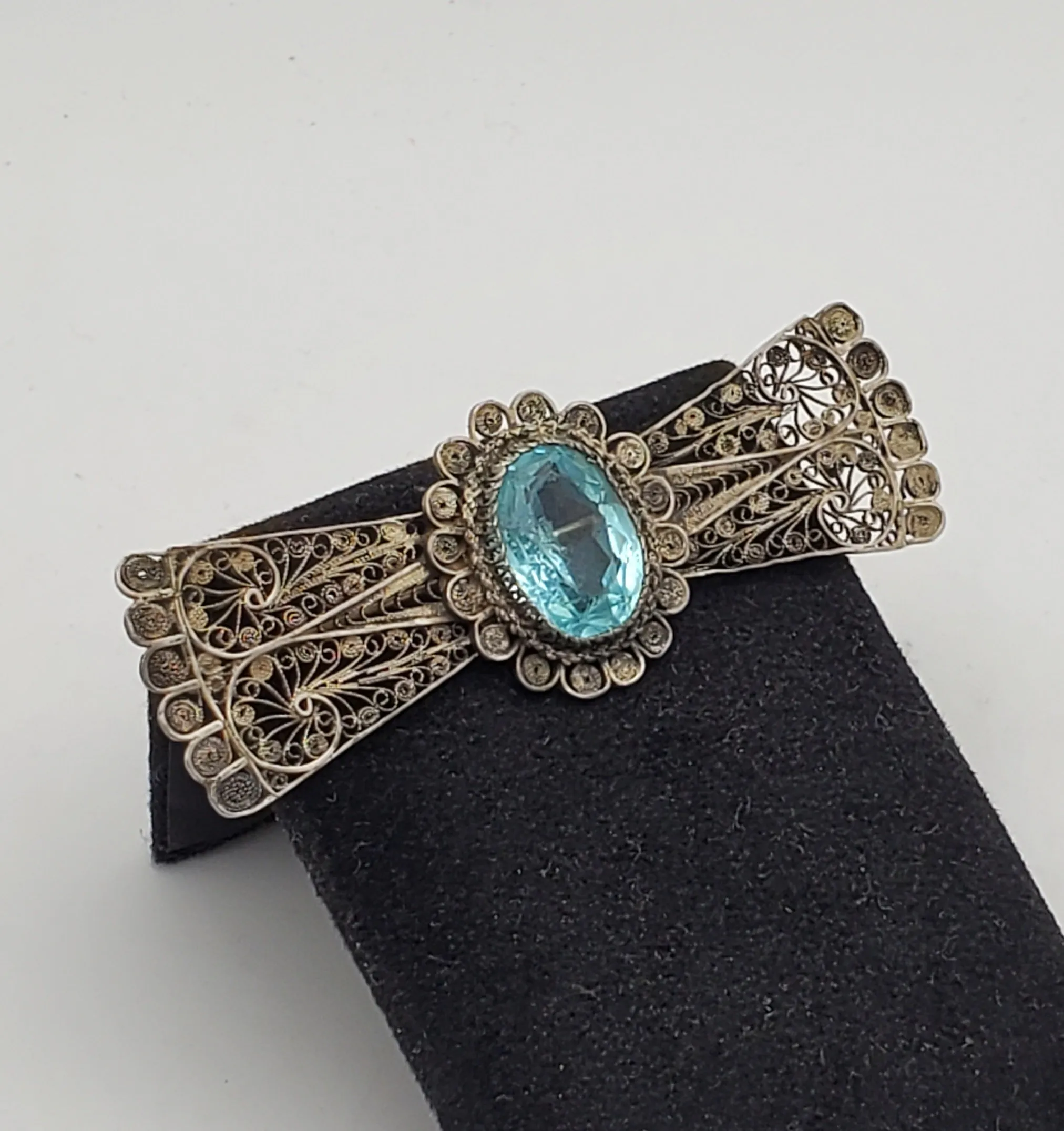 Vintage Handmade Filigree Imitation Aquamarine Brooch