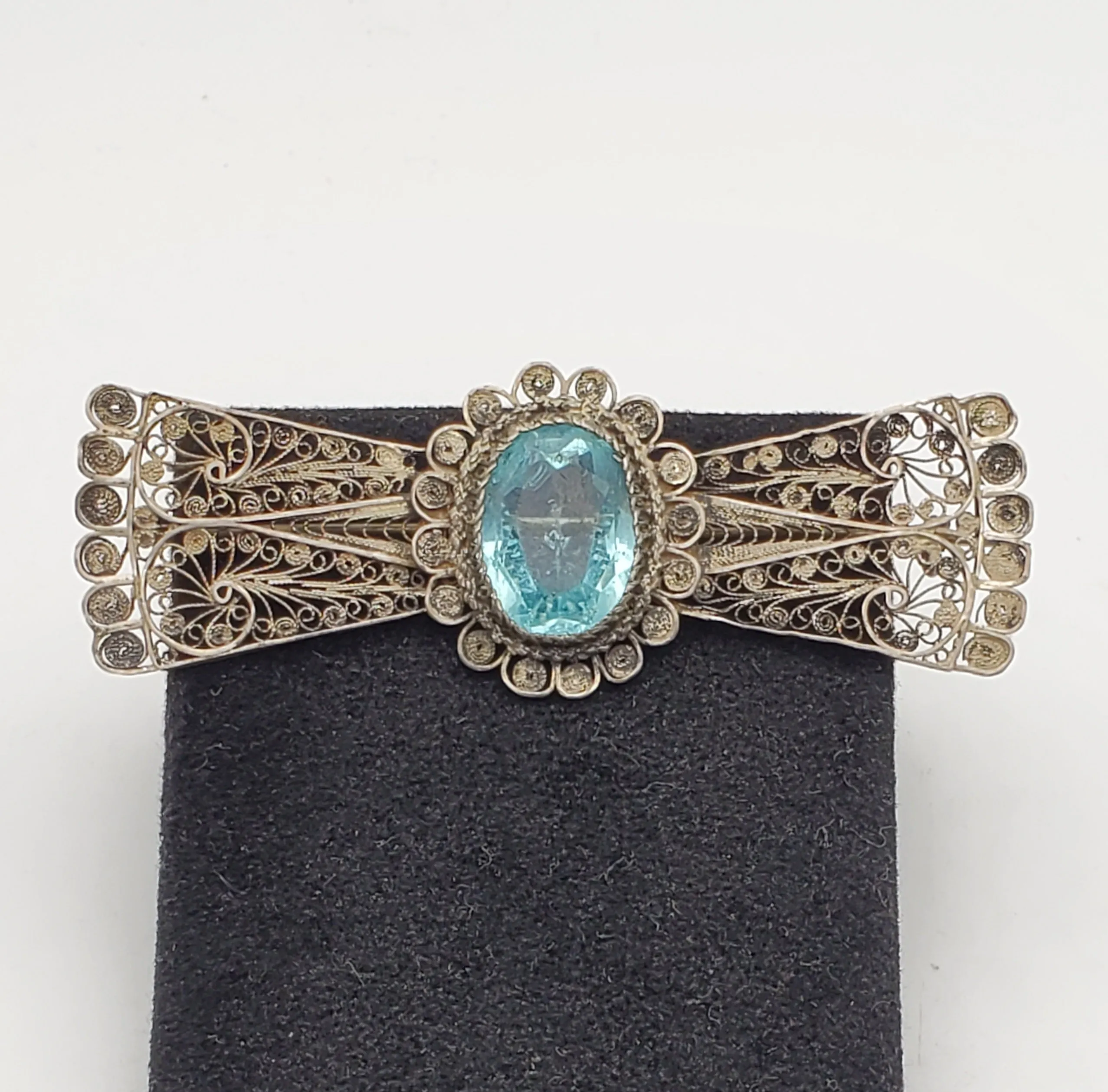 Vintage Handmade Filigree Imitation Aquamarine Brooch