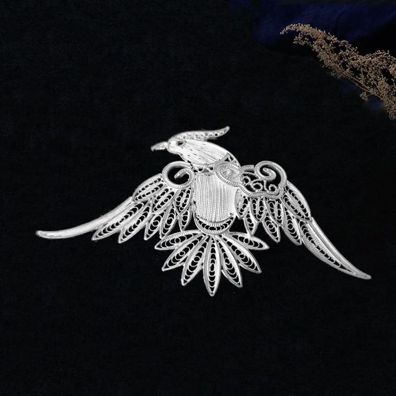 Vintage Plain Silver Filigree Auspicious Bird Phoenix Brooch for Women