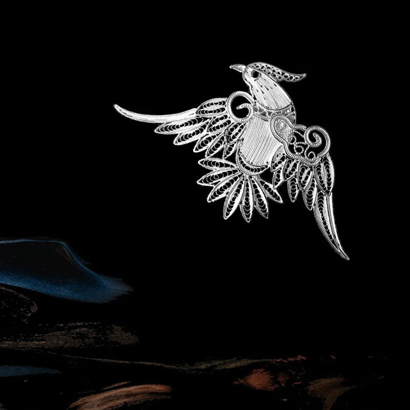 Vintage Plain Silver Filigree Auspicious Bird Phoenix Brooch for Women