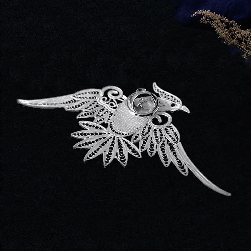 Vintage Plain Silver Filigree Auspicious Bird Phoenix Brooch for Women