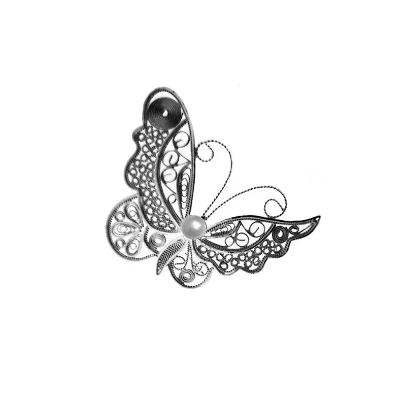 Vintage Plain Silver Filigree Butterfly Brooch Inlaid with Natural Freshwater Pearl