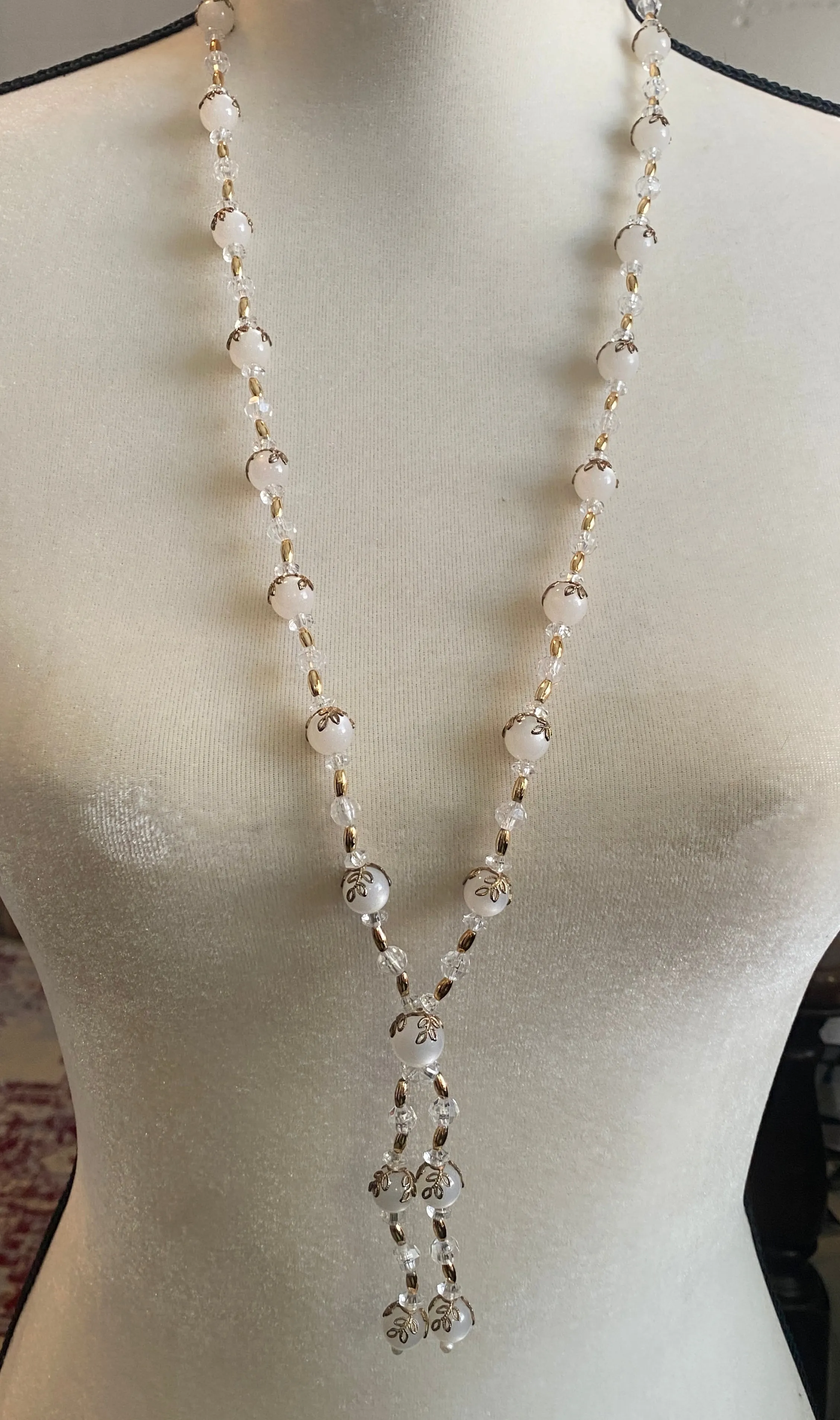 Vintage Plastic Moonstone Gold Tone Clear Bead Tassel Necklace