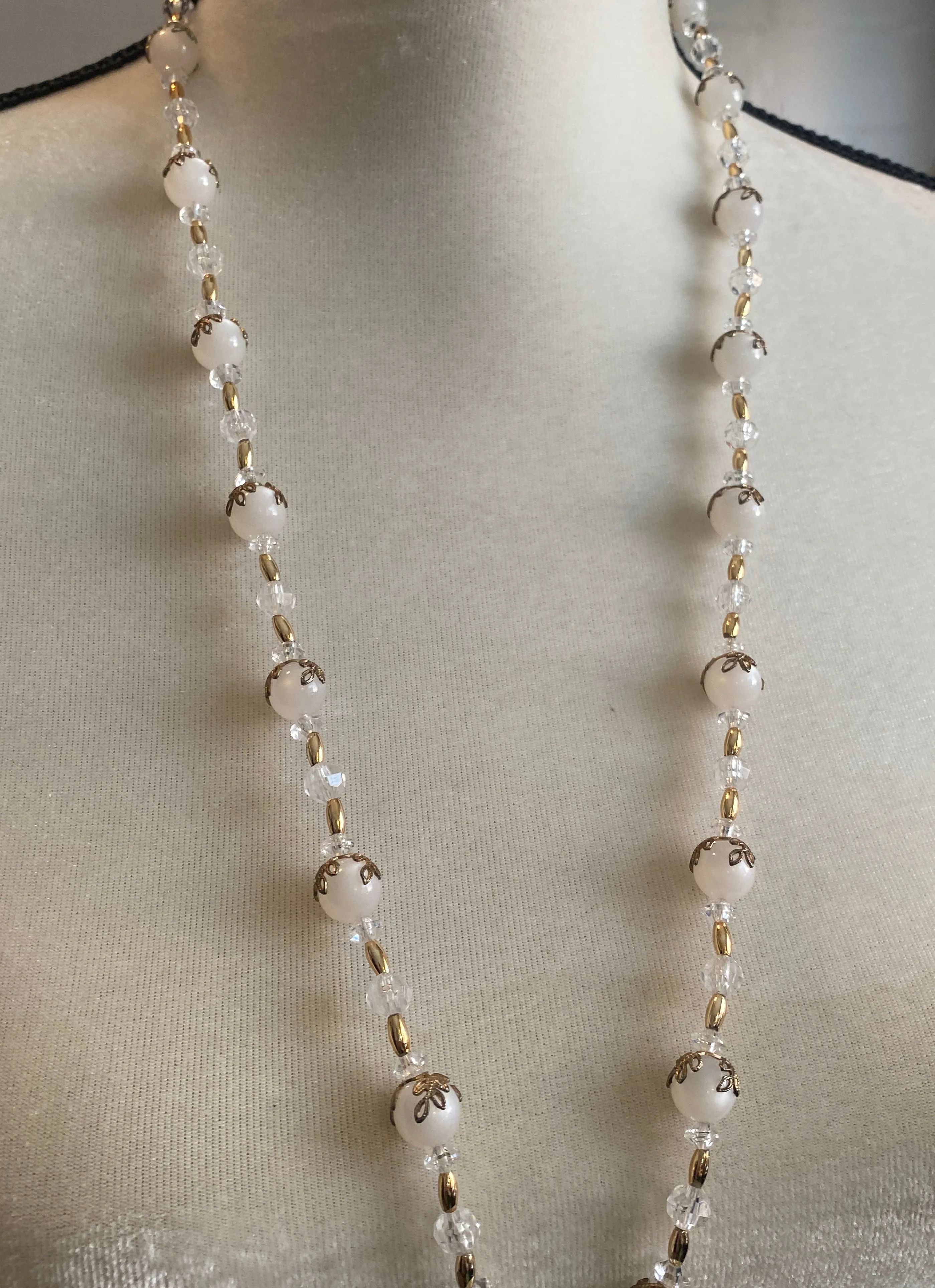 Vintage Plastic Moonstone Gold Tone Clear Bead Tassel Necklace