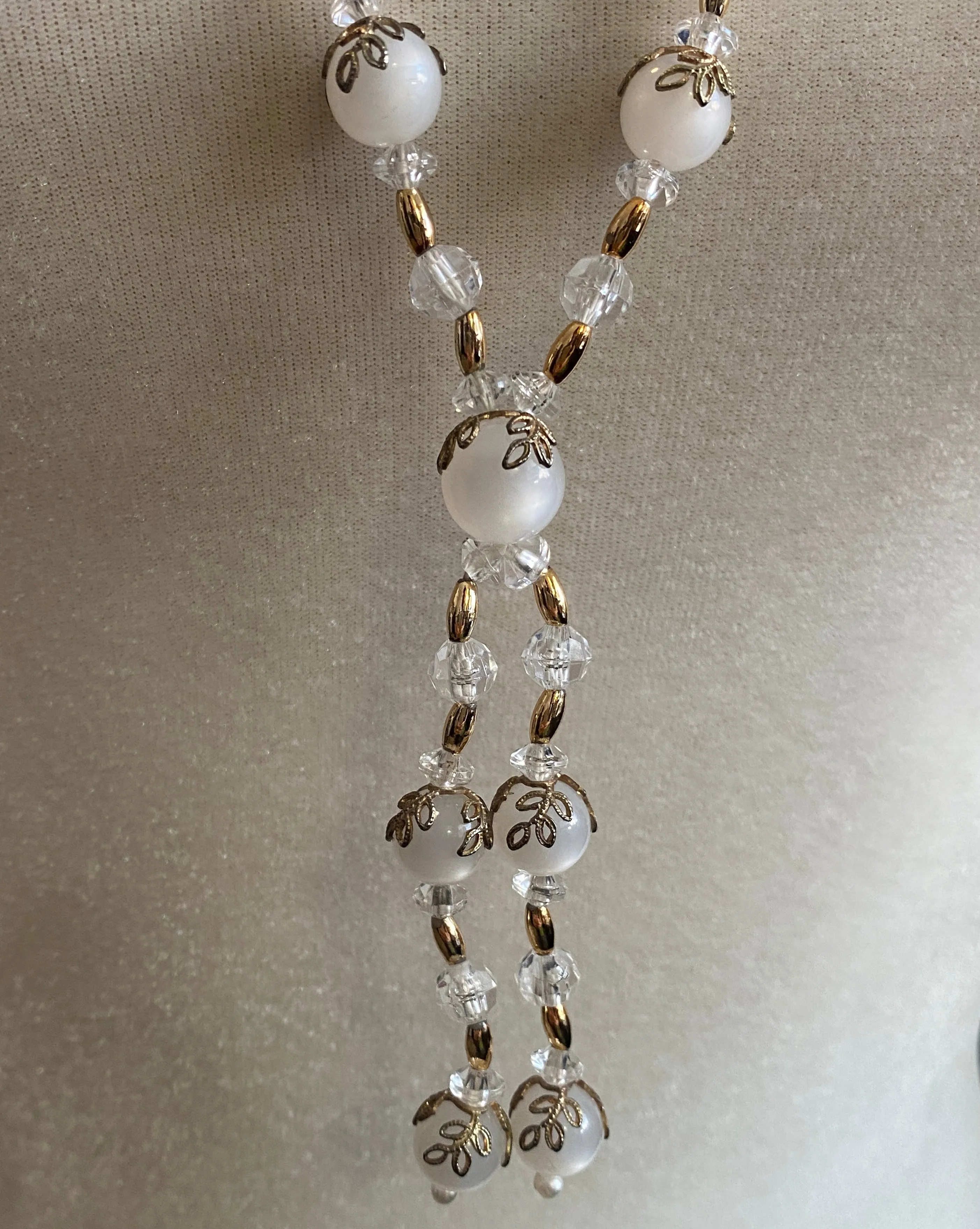 Vintage Plastic Moonstone Gold Tone Clear Bead Tassel Necklace