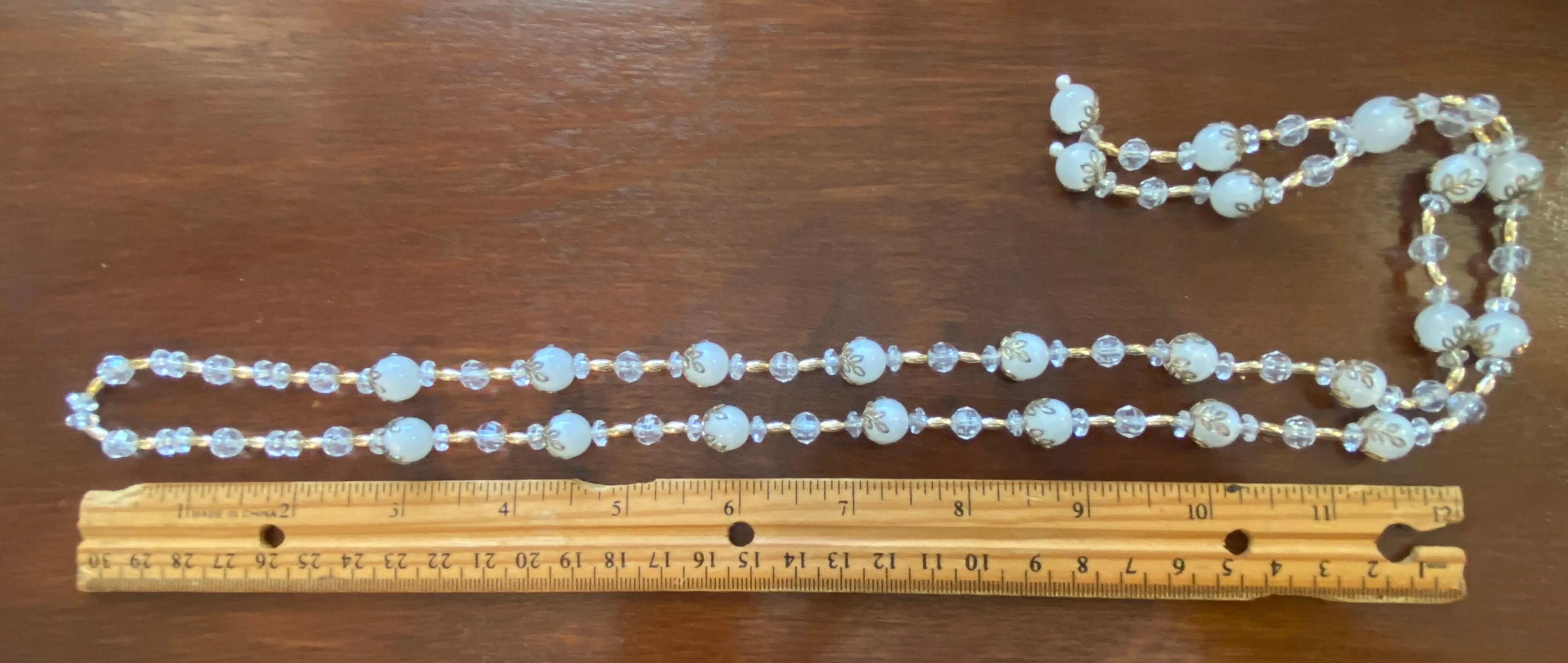 Vintage Plastic Moonstone Gold Tone Clear Bead Tassel Necklace