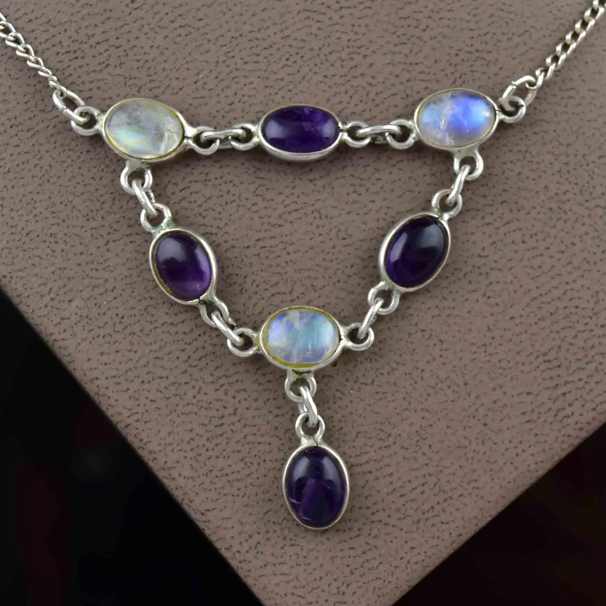 Vintage Silver Amethyst Moonstone Bib Drop Necklace